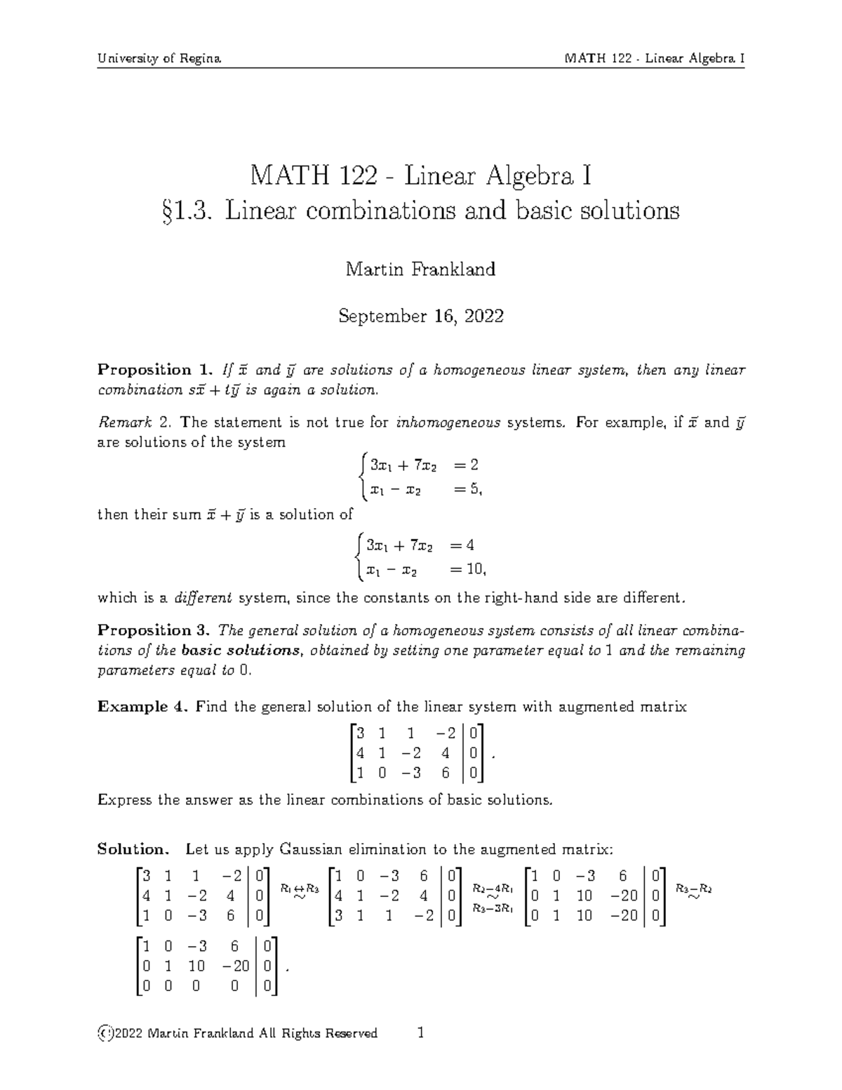 Math122 13 Linear Combinations MATH 122 Linear Algebra I 1. Linear