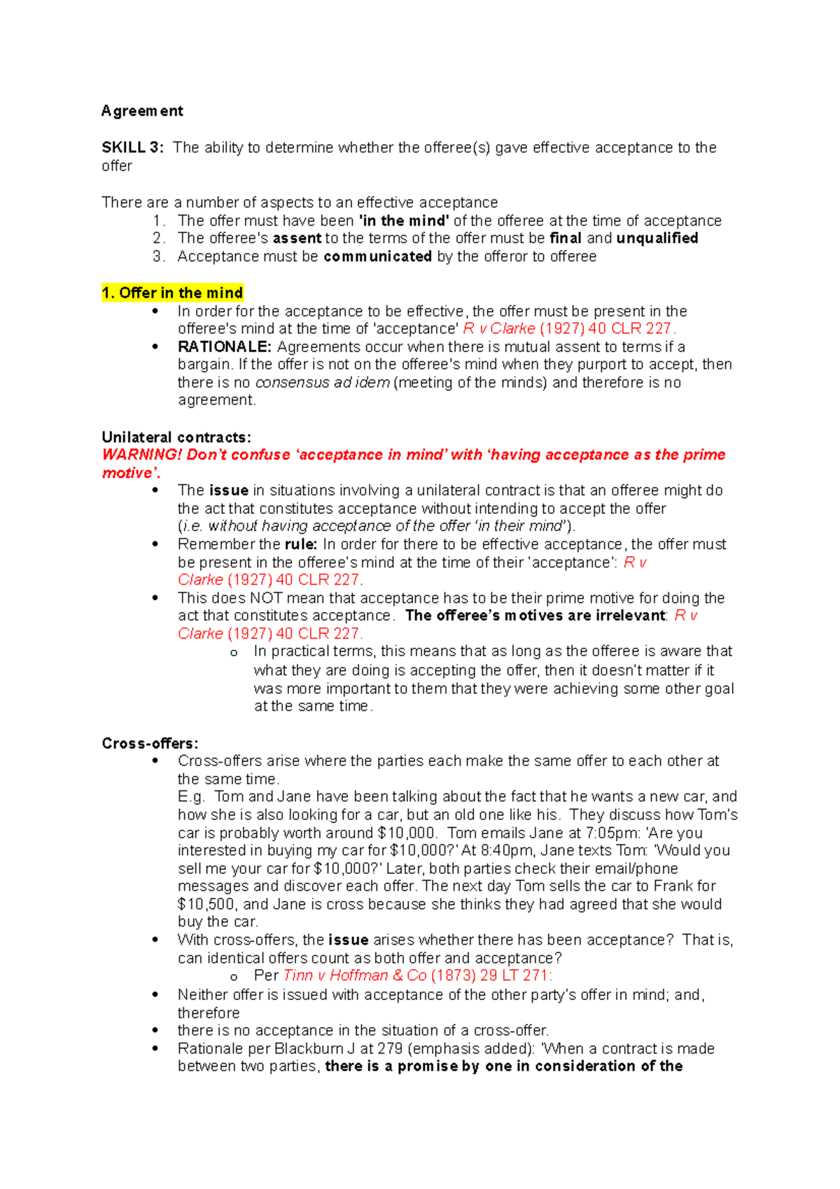 Contract Law A week 3 content notes from lecture - Agreement SKILL 3 ...