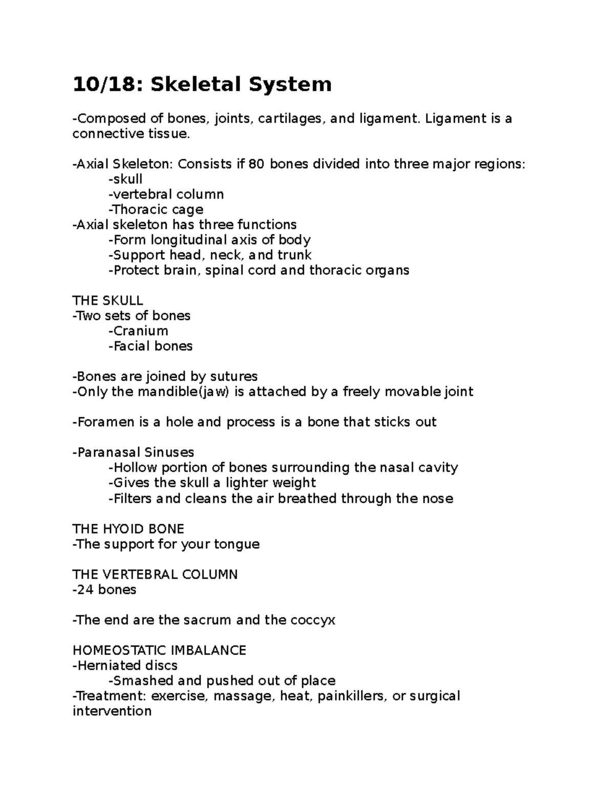 Anatomy and physiology I 10-18 - 10/18: Skeletal System -Composed of ...