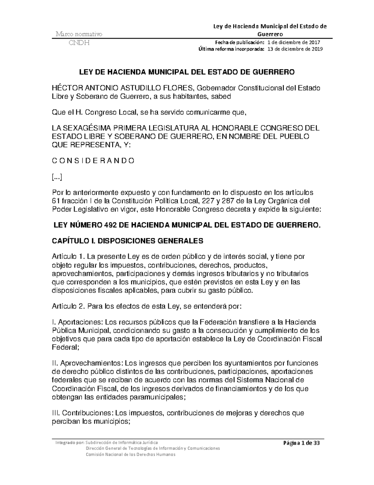 Ley de Hacienda Municipal Marco normativo Guerrero CNDH Fecha de publicación Última reforma Ley de Hacienda Municipal Marco normativo Guerrero CNDH Fecha de publicación Última reforma