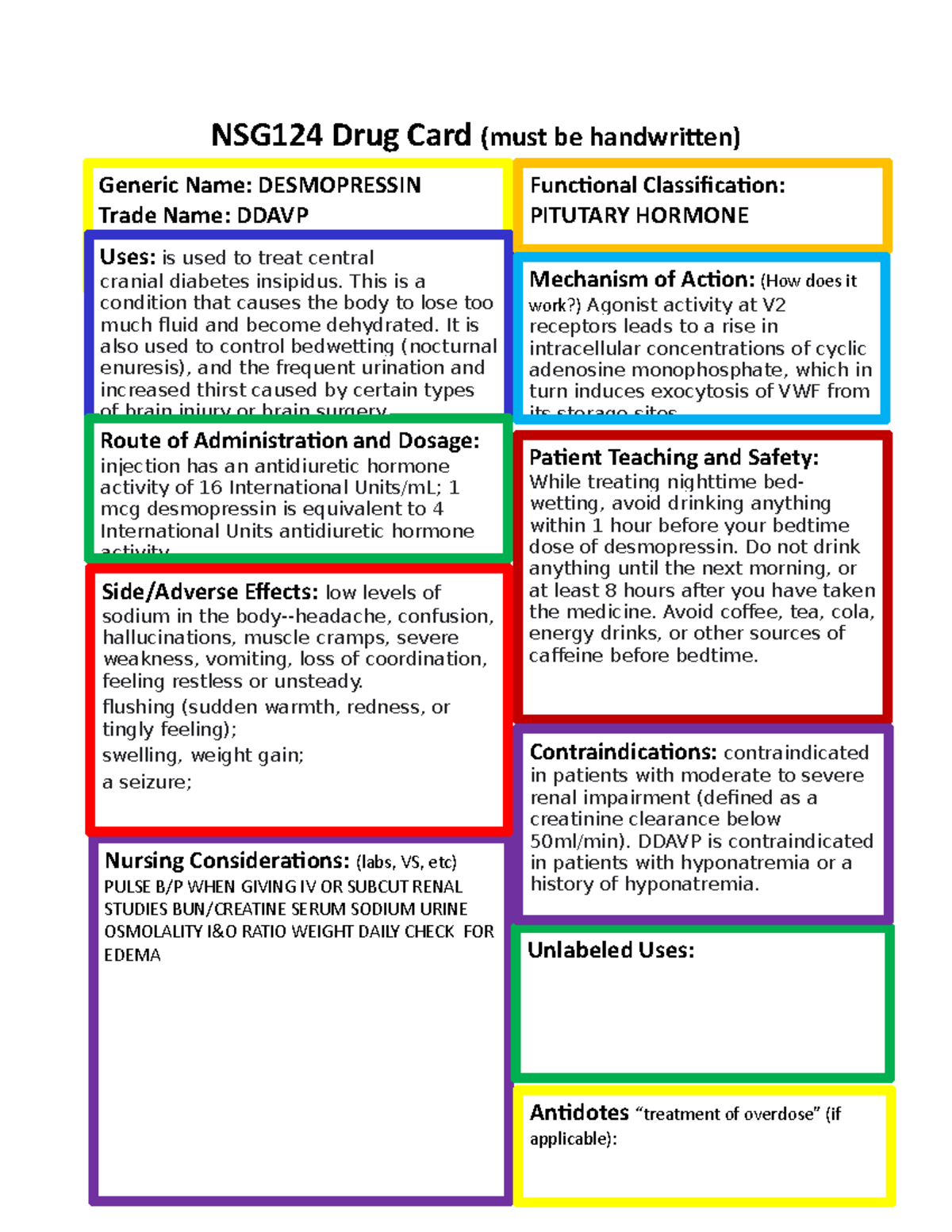 Desmopressin Course Work Nsg124 Drug Card Must Be Handwritten