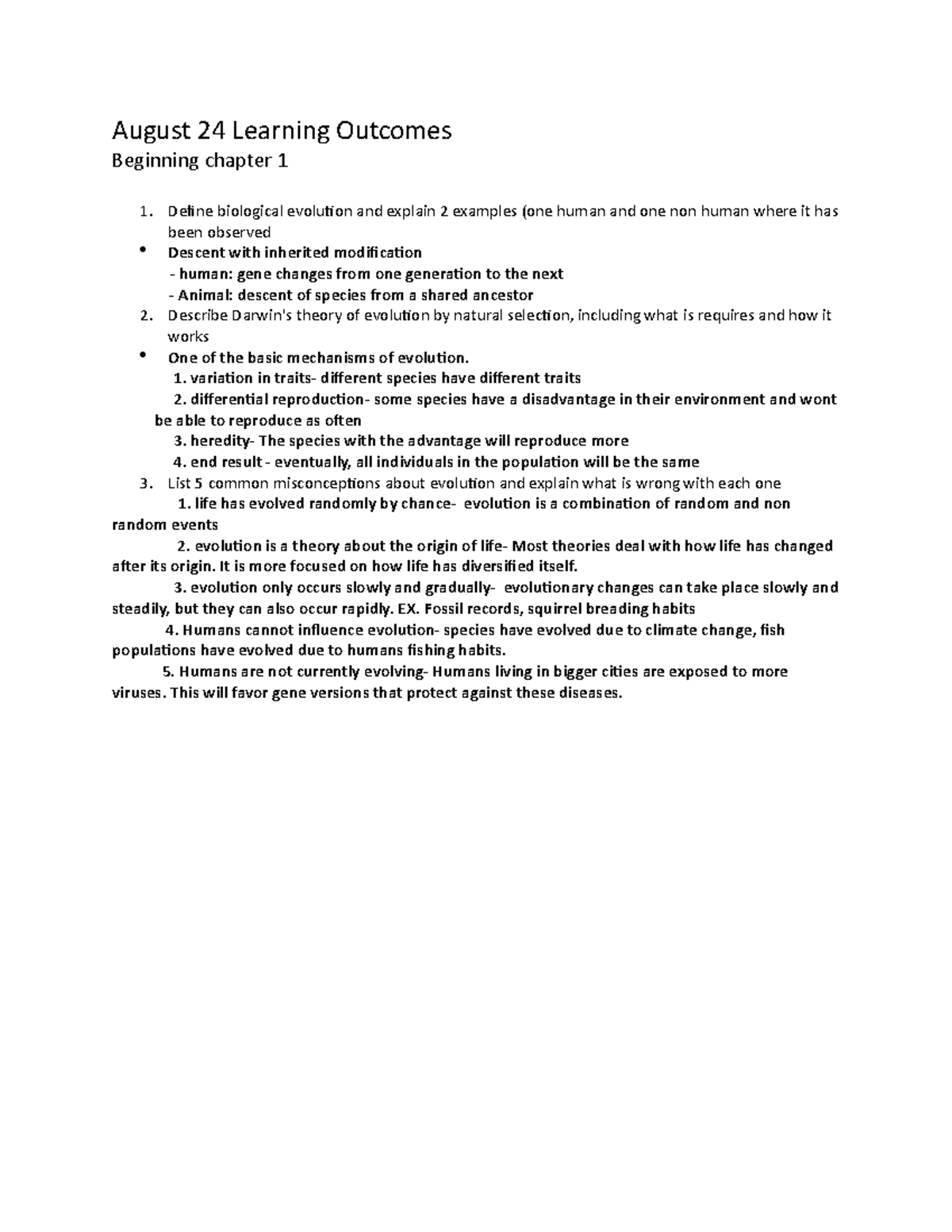 Evolution Learning Outcomes - August 24 Learning Outcomes Beginning ...