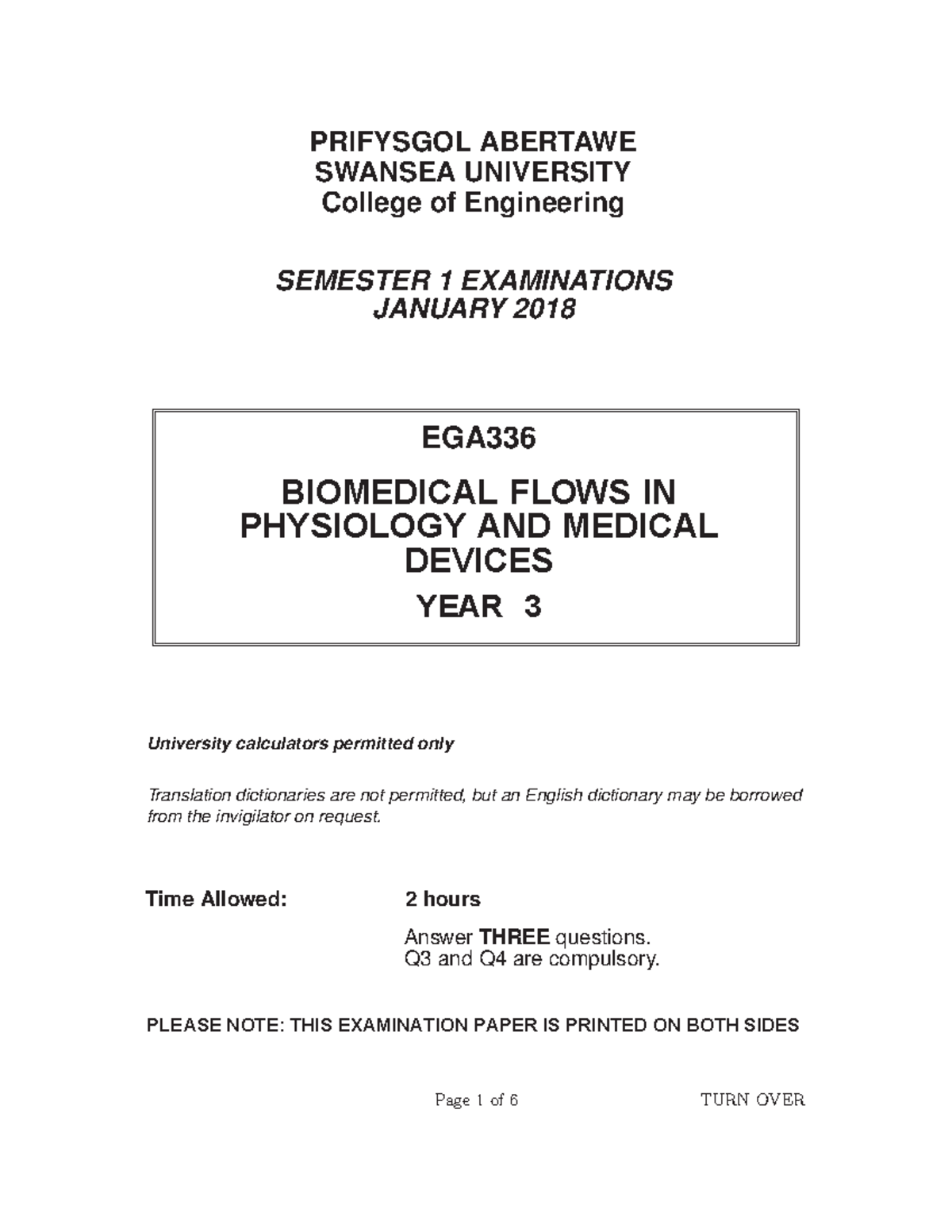 Exam 2017 Questions Prifysgol Abertawe Swansea University College Of