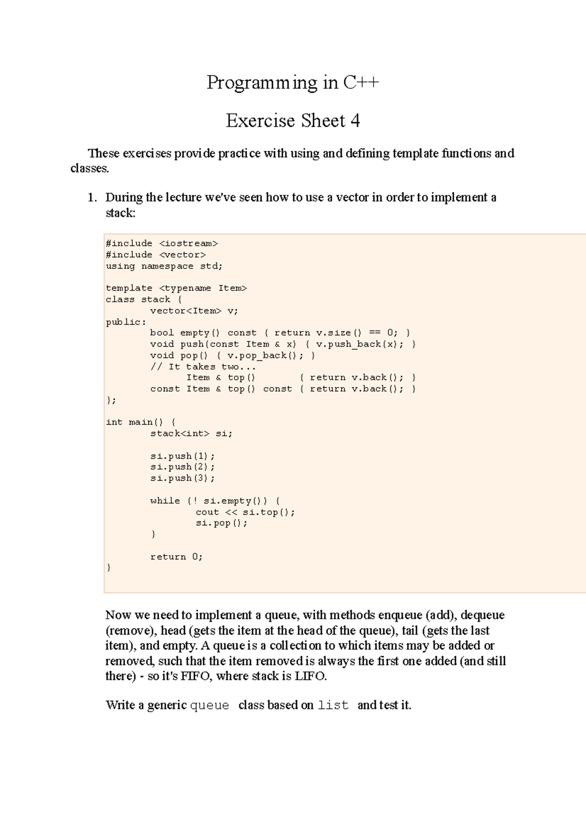 2016-2017 Lab Exercise Sheet 4 - Programming in C++ Exercise Sheet 4 ...