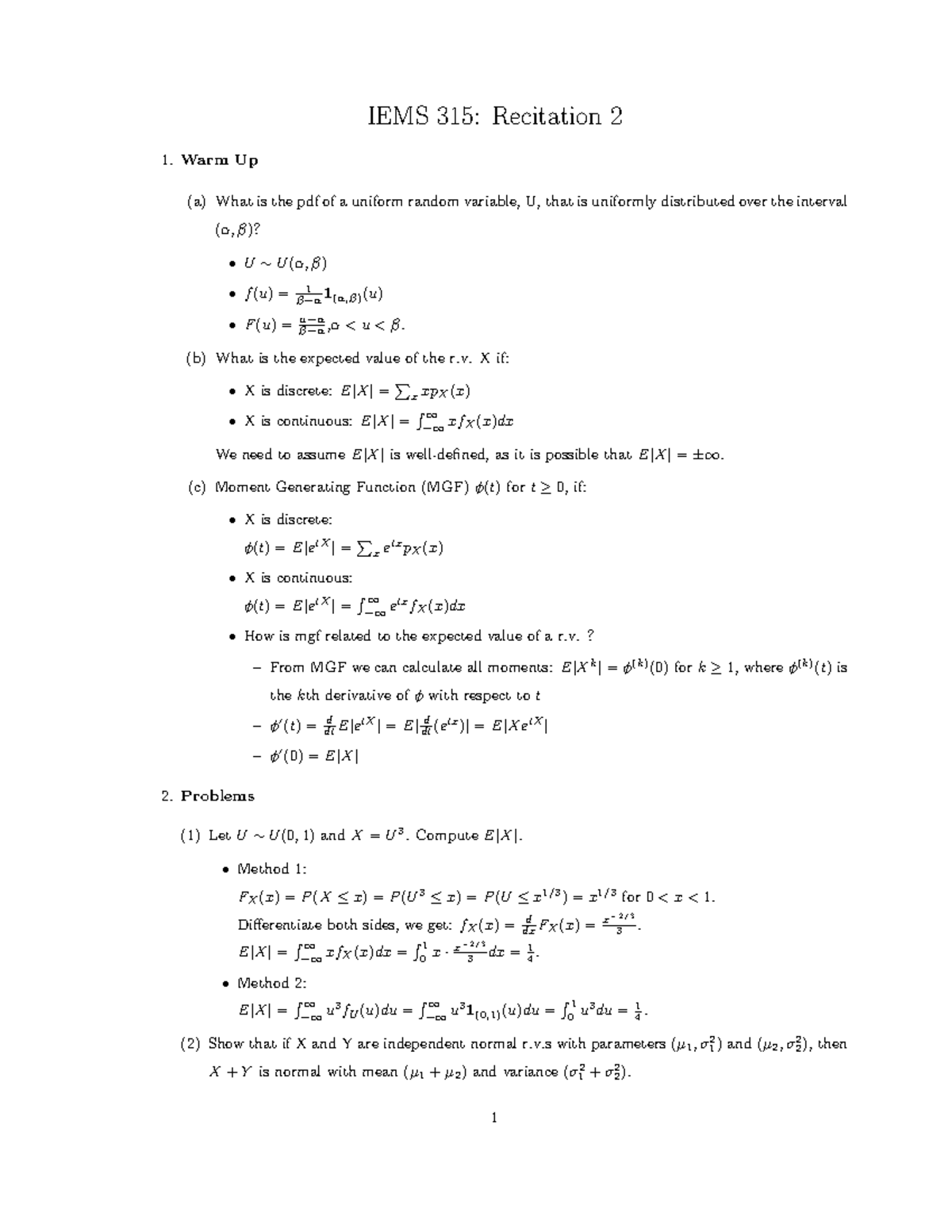 Recitation 2 Fall 15 Quiz Iems 315 Recitation 2 1 Warm Up A What Is The Pdf Of A Uniform Studocu