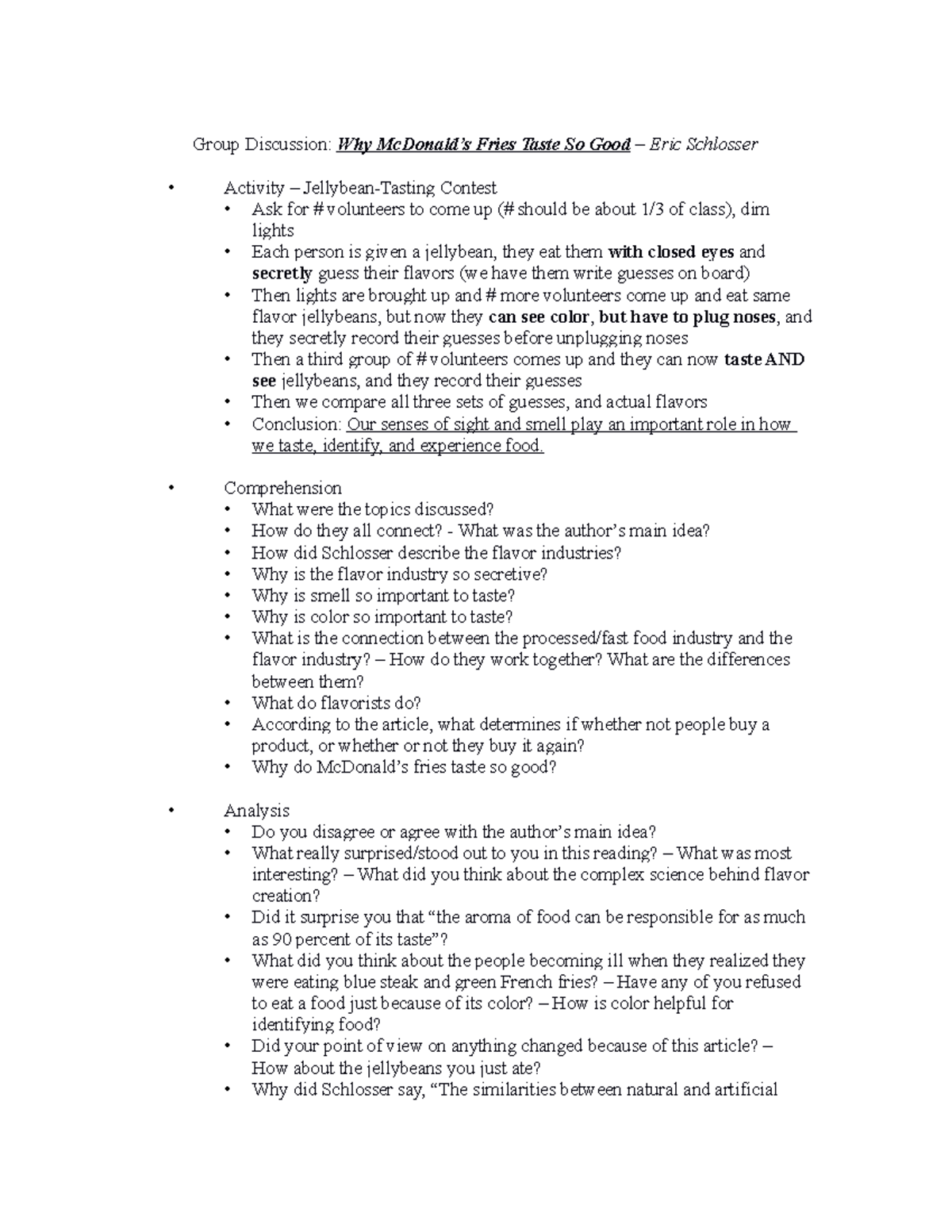 Discussion Outline Group Discussion Why McDonald’s Fries Taste So