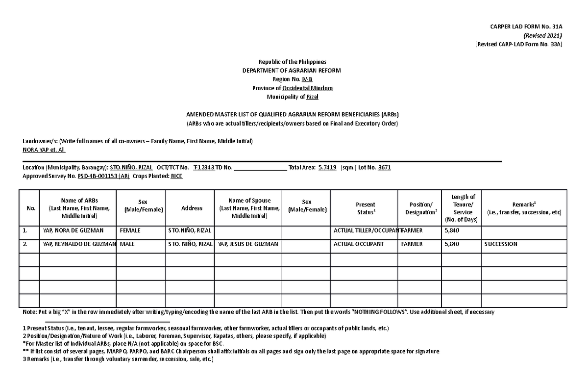 31A LOT DESCRIPTION CARPER LAD FORM No. 31A (Revised 2021) [Revised