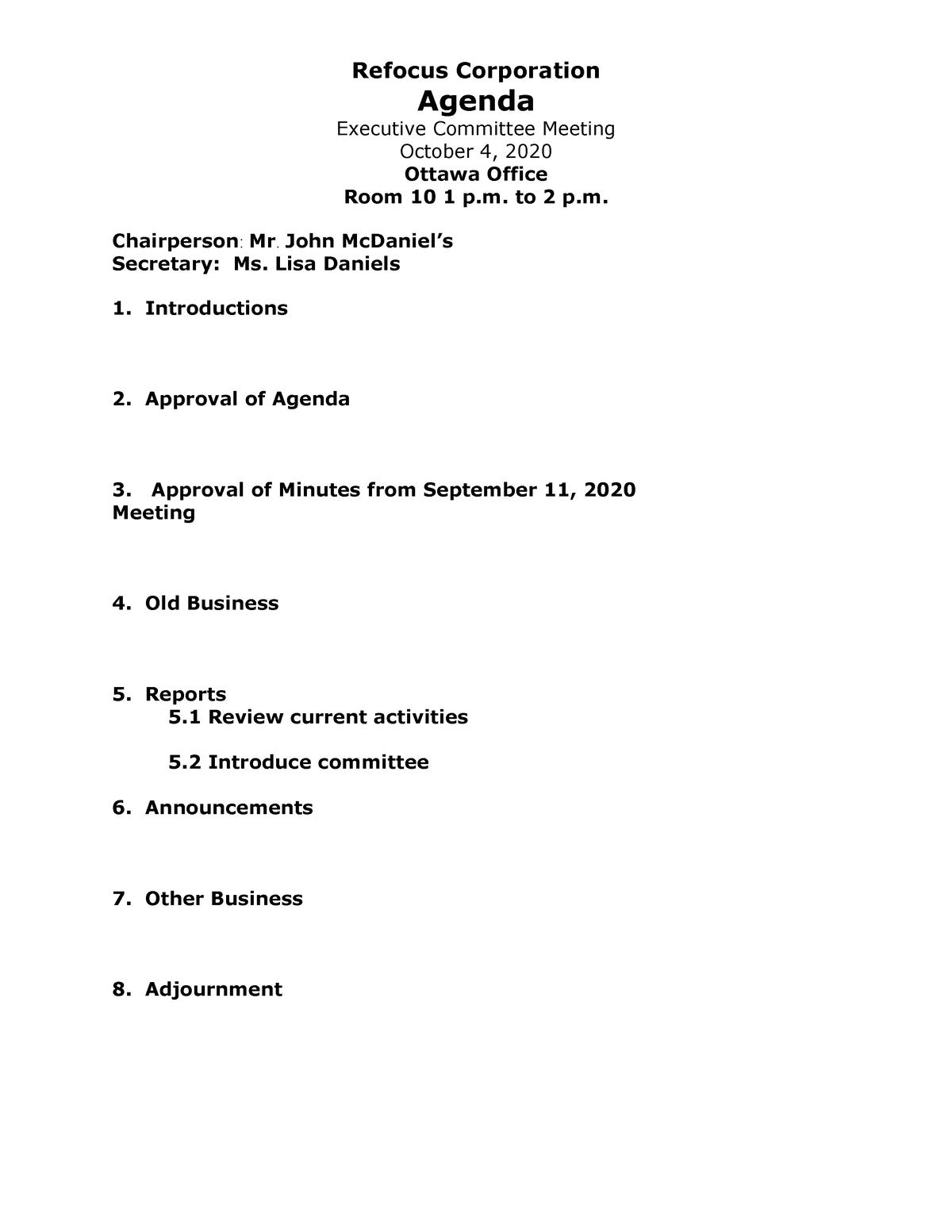 Office Administration Agenda Sample - Refocus Corporation Agenda Executive  Committee Meeting October - Studocu