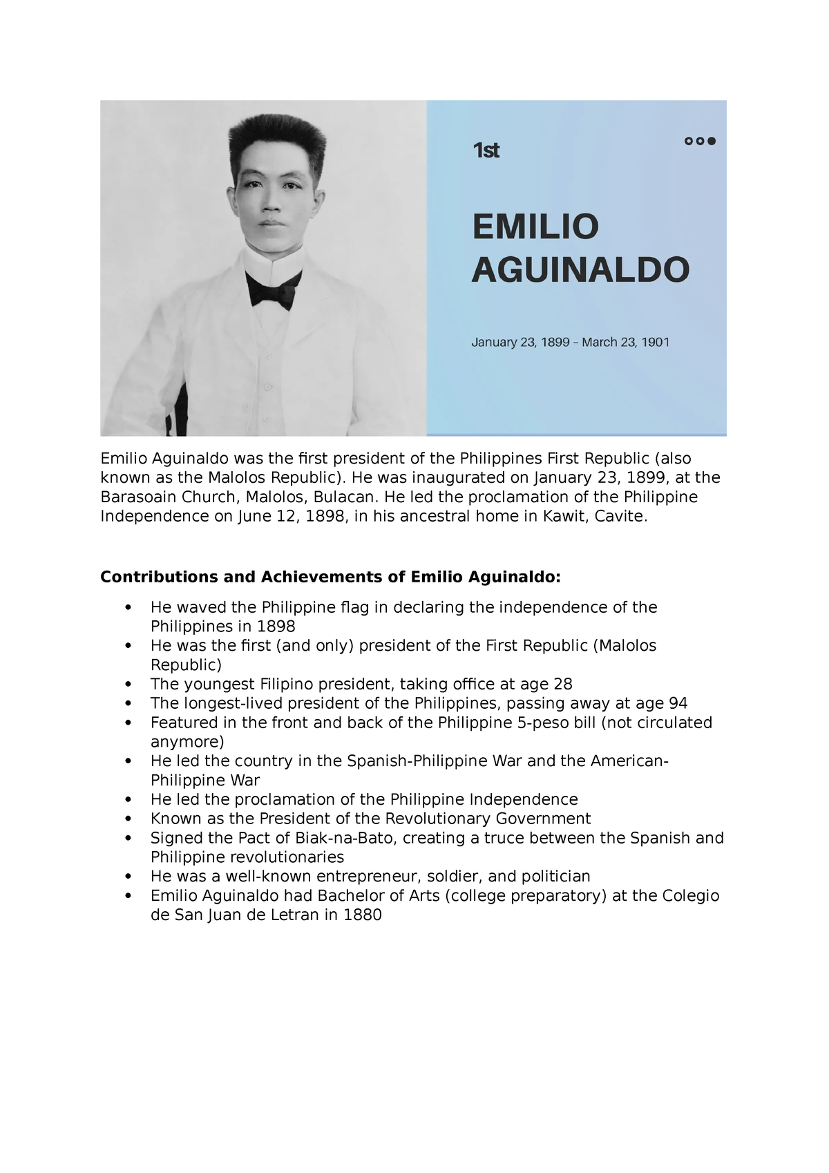 Presidents of the Philippines - He was inaugurated on January 23, 1899 ...