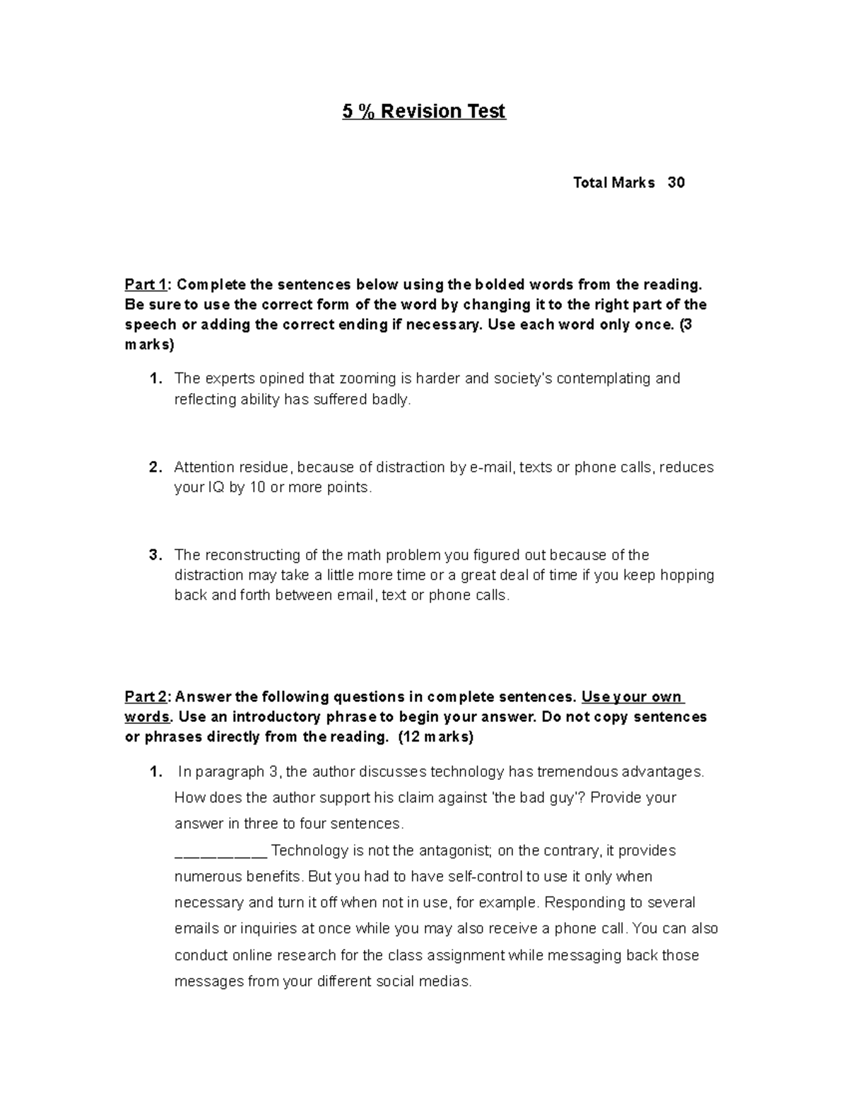 Revision In-class Assignment Zoom In and Focus (5%) - 5 % Revision Test ...