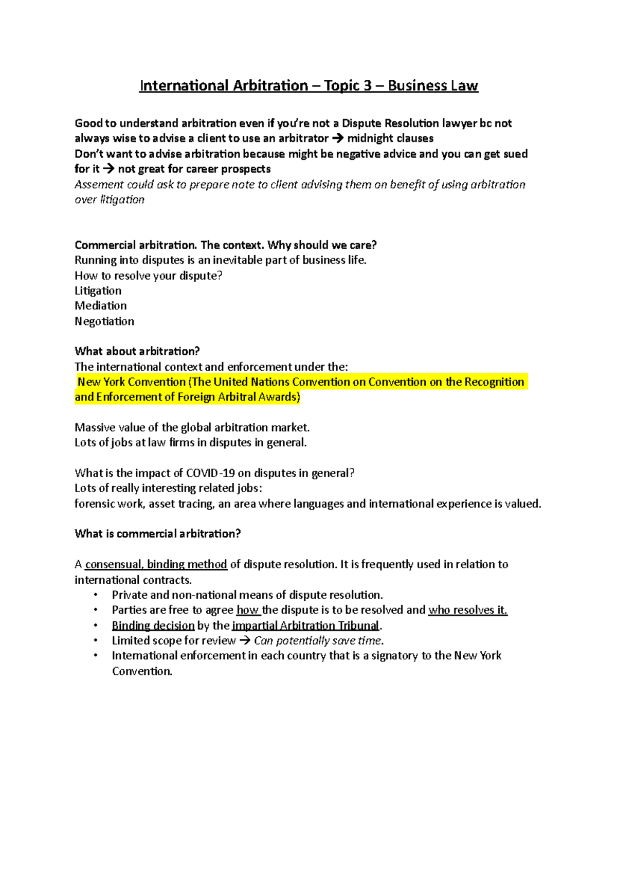 Topic 3 - International Arbitration - Lecture Notes - International ...