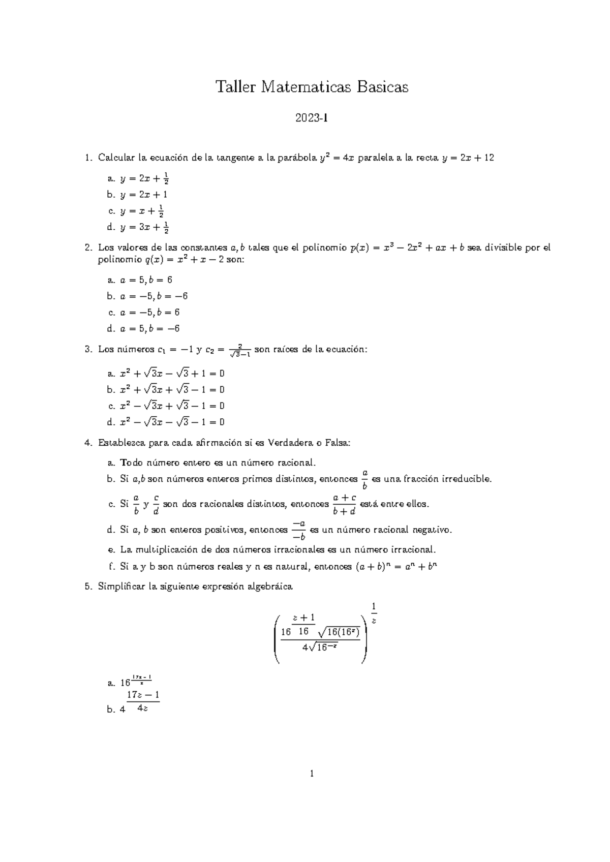 Taller Matematicas Basicas - Taller Matematicas Basicas 2023-I Calcular ...