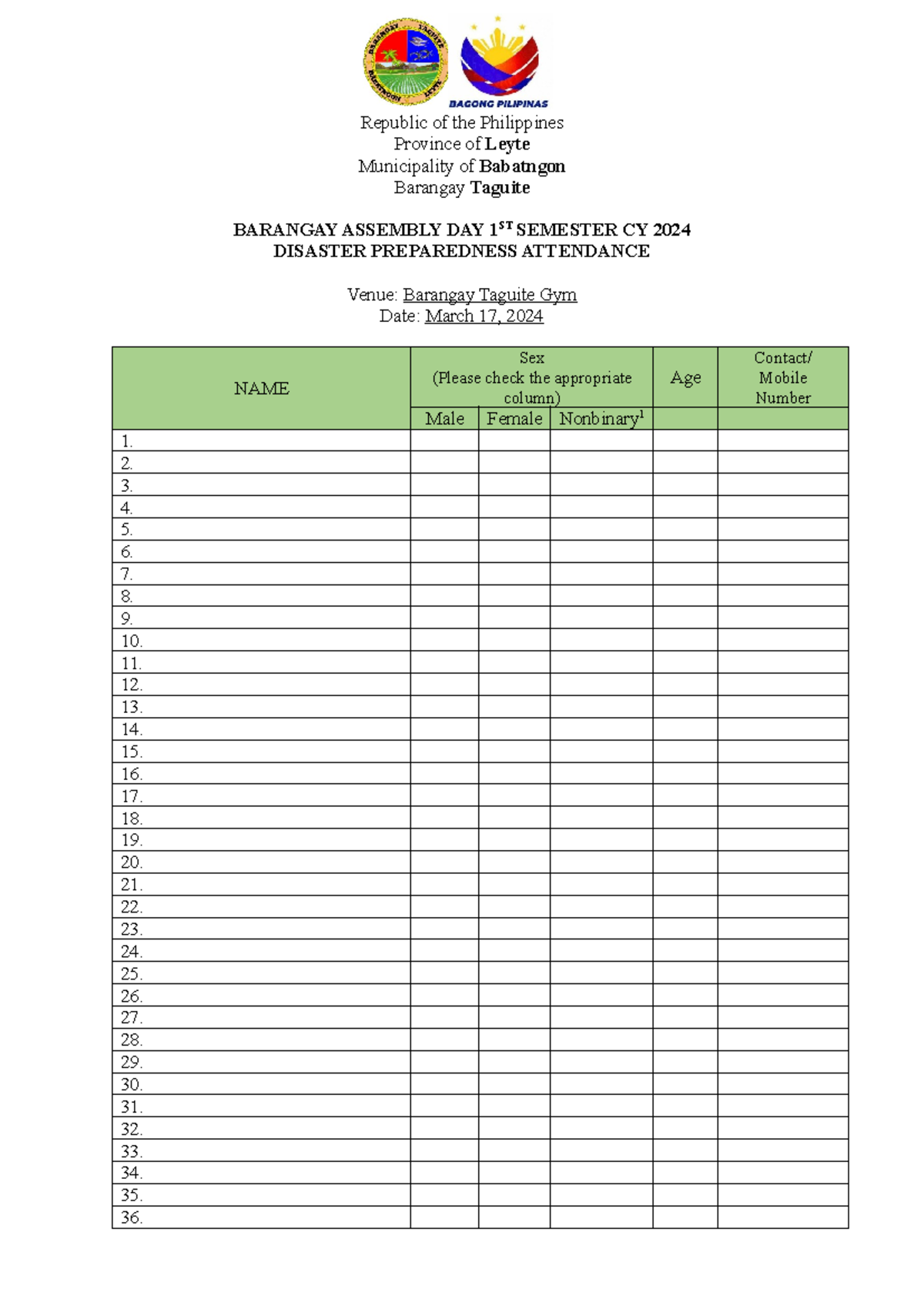 Brgy Assembly Attendance - Republic of the Philippines Province of ...