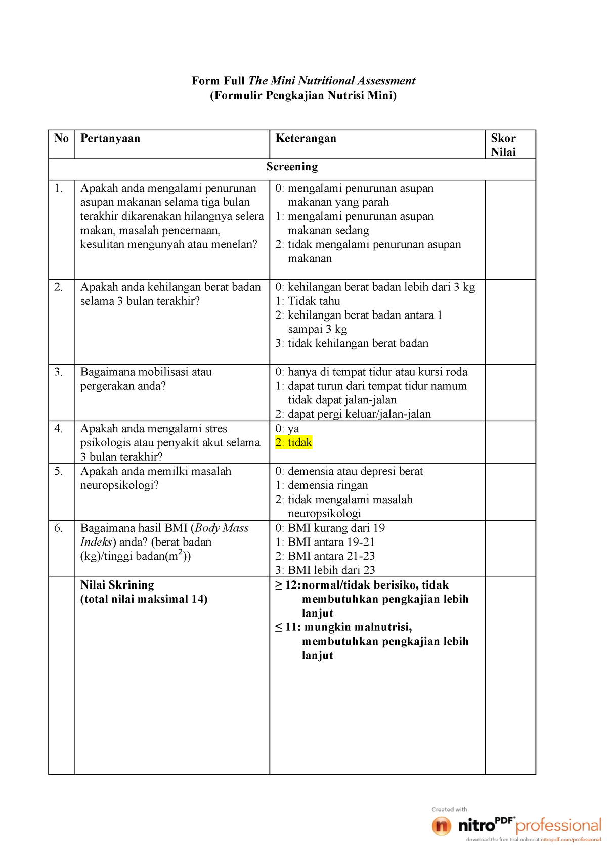 Form Pengkajian MNA - Form Full The Mini Nutritional Assessment ...