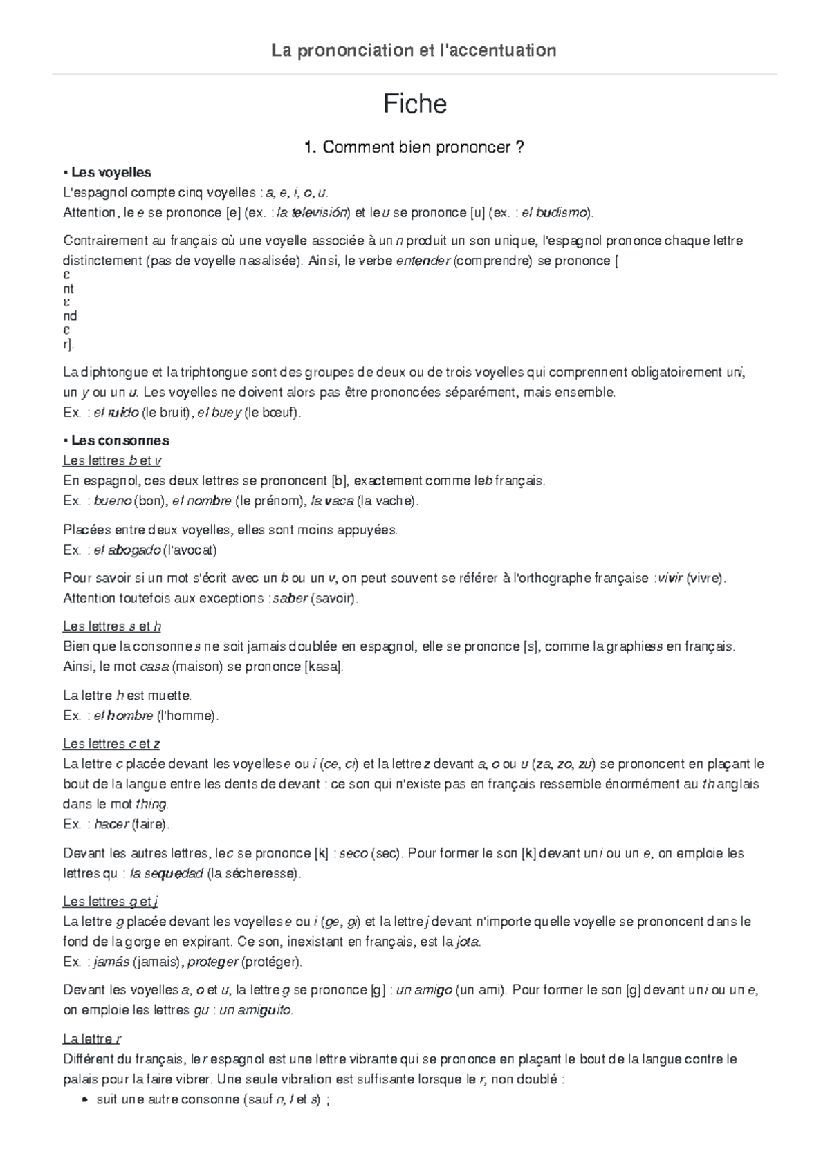 Comment Se Prononce Le V En Espagnol espagnol la prononciation et l accentuation - Fiche 1. Comment bien  prononcer? Les voyelles - Studocu