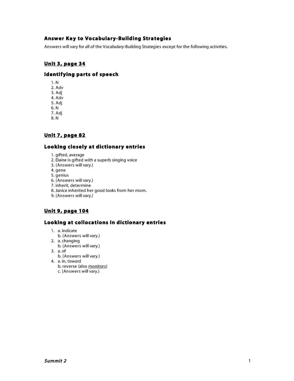 Answer Key Ingles Notas Summit 2 1 Answer Key To Vocabulary Building Strategies Answers Will 