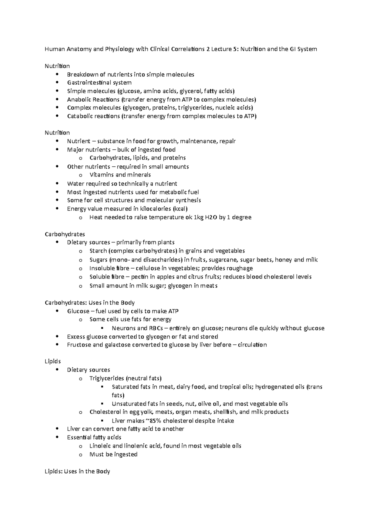 Lecture 5 Notes - Nutrition and GI System - Human Anatomy and ...