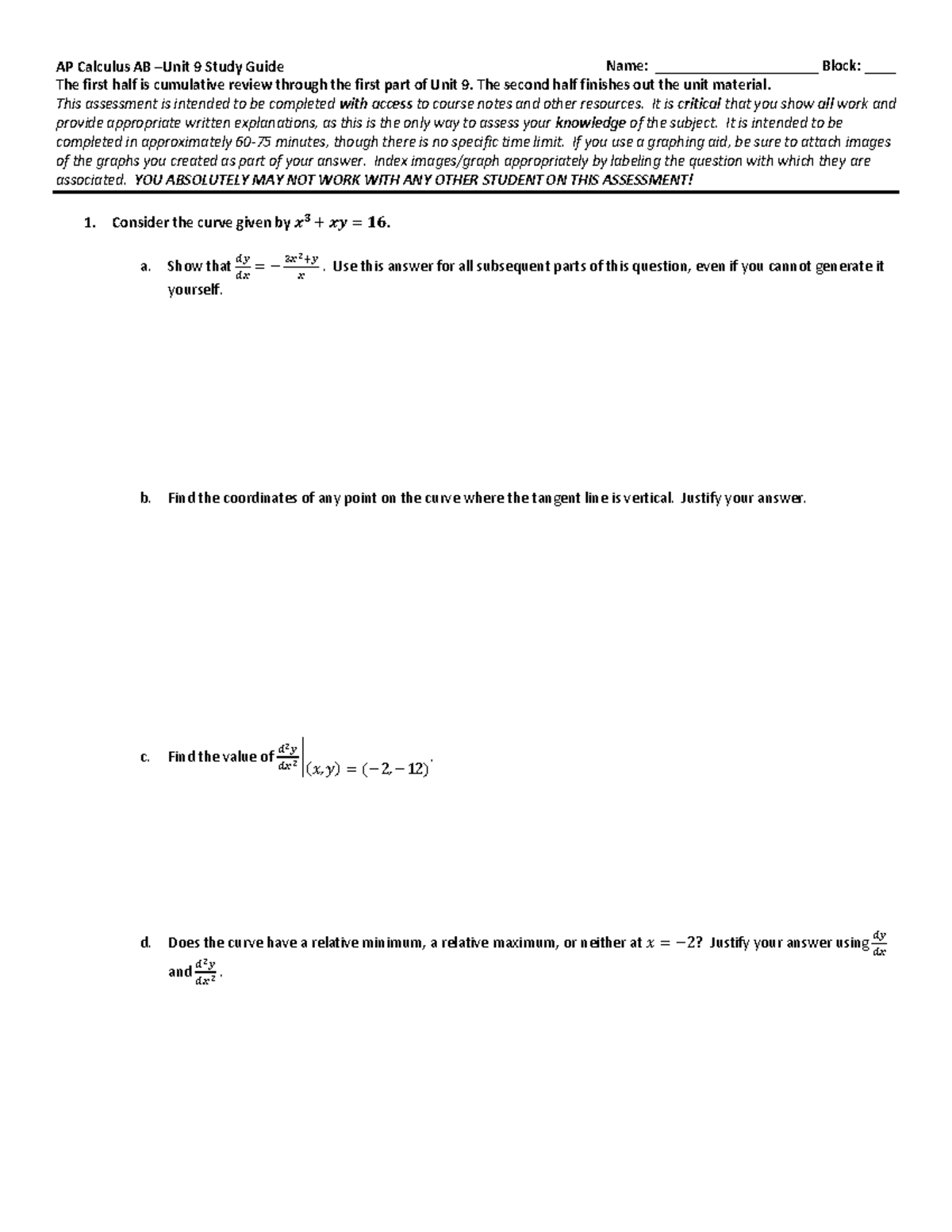 Unit+9+Study+Guide - empty study guide - AP Calculus AB – Unit 9 Study ...
