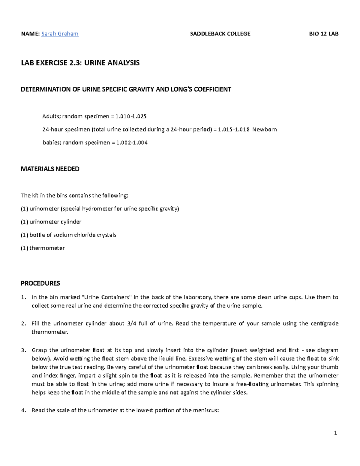 Lab Exercise 2 3 Urine Analysis Name Sarah Graham Saddleback College