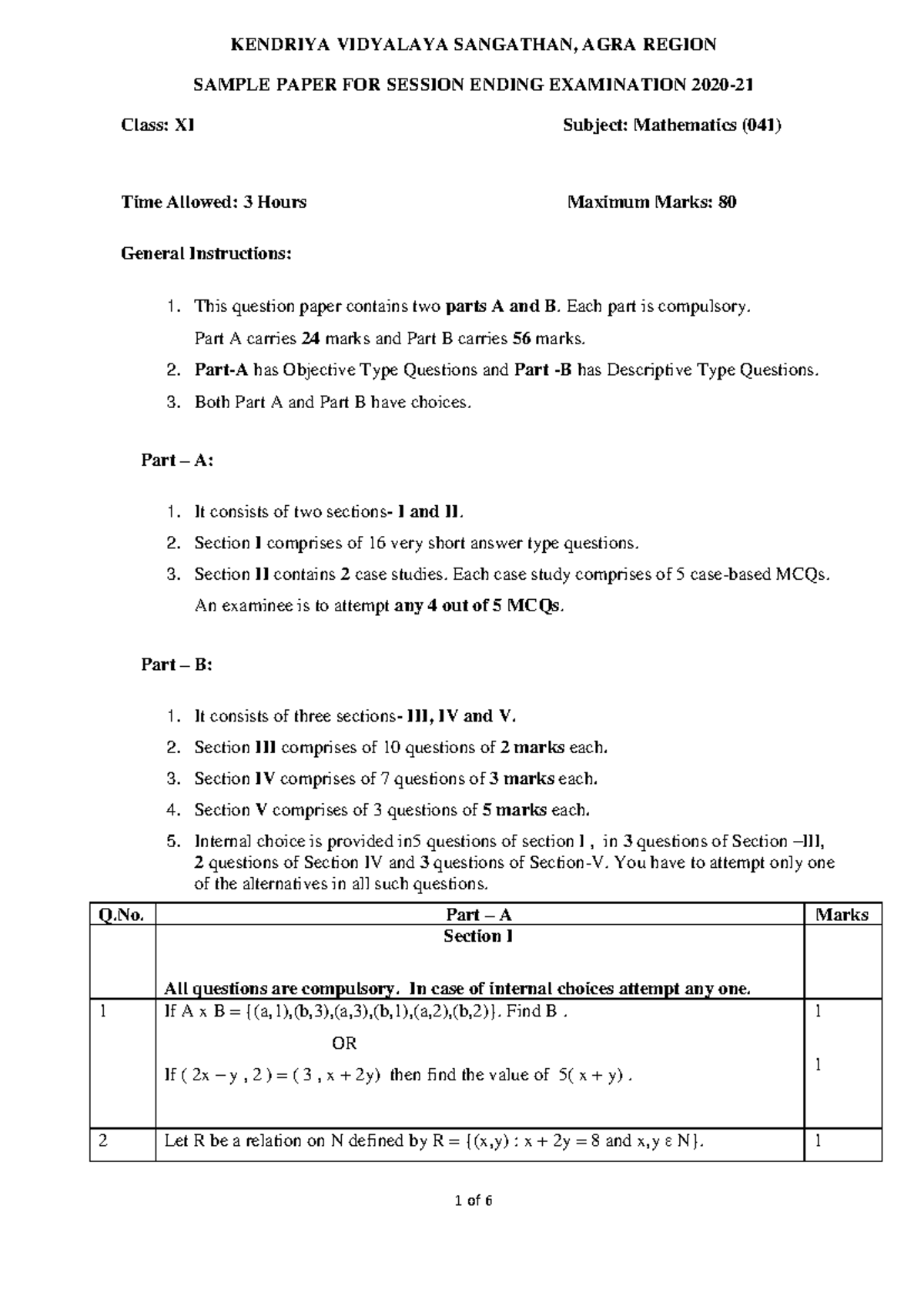 QP.pdf class XIth maths - KENDRIYA VIDYALAYA SANGATHAN, AGRA REGION ...