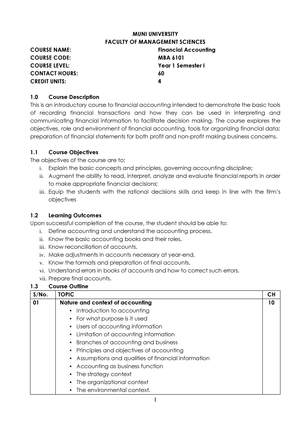 MBA 6101 - Financial Accounting - 1 MUNI UNIVERSITY FACULTY OF ...