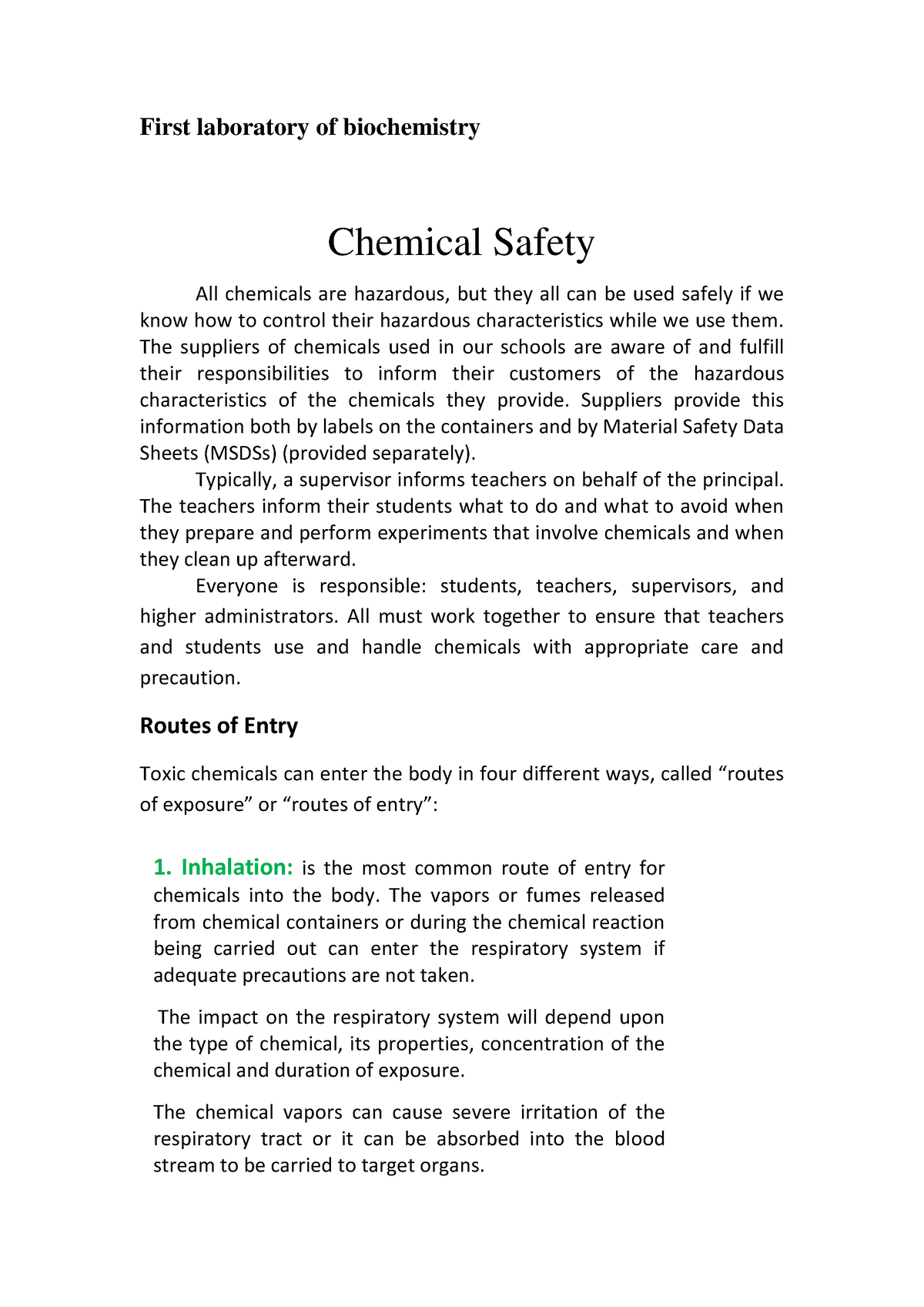 Chemical Safety - First Laboratory Of Biochemistry Chemical Safety All ...