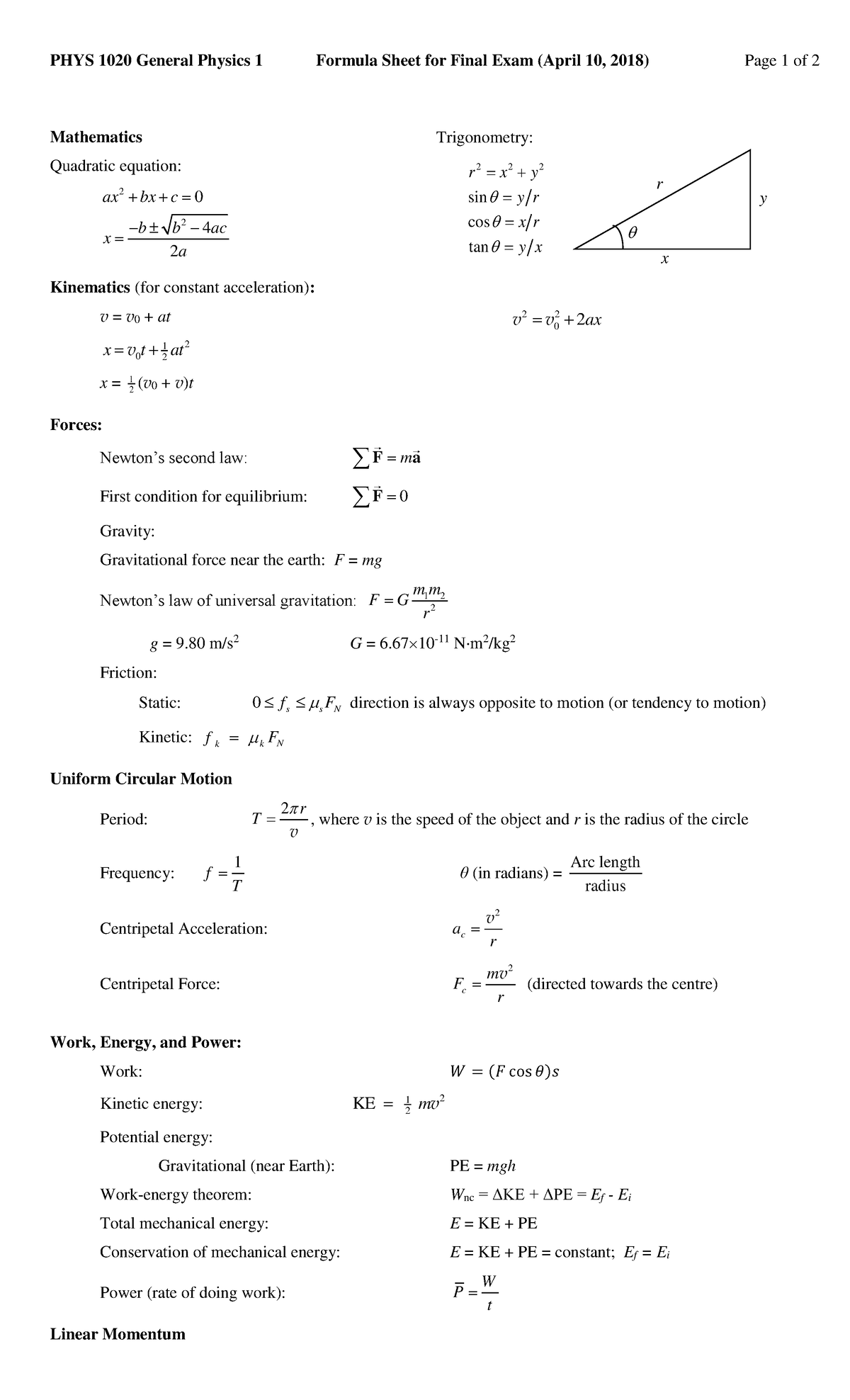 Exam 2017, answers - PHYS 1020 General Physics 1 Formula Sheet for ...