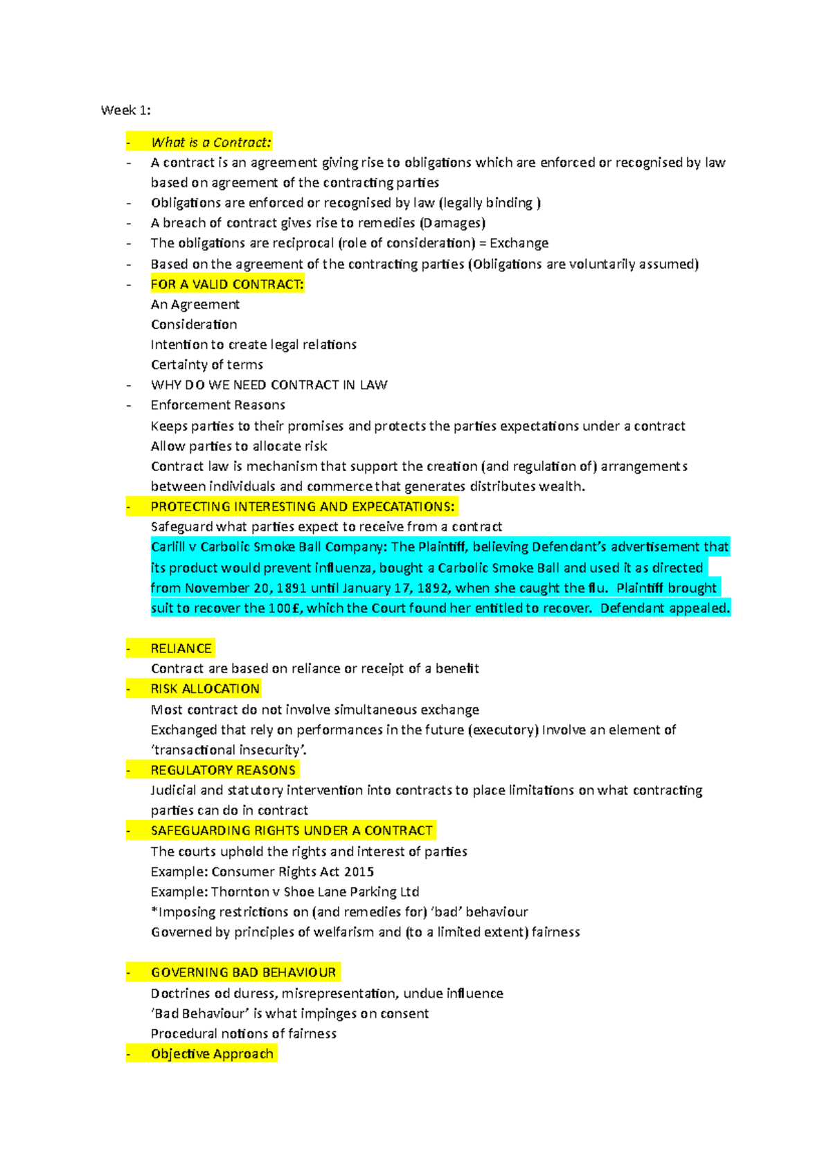 Week 1 - Lecture Notes - Week 1: - What is a Contract: A contract is an ...