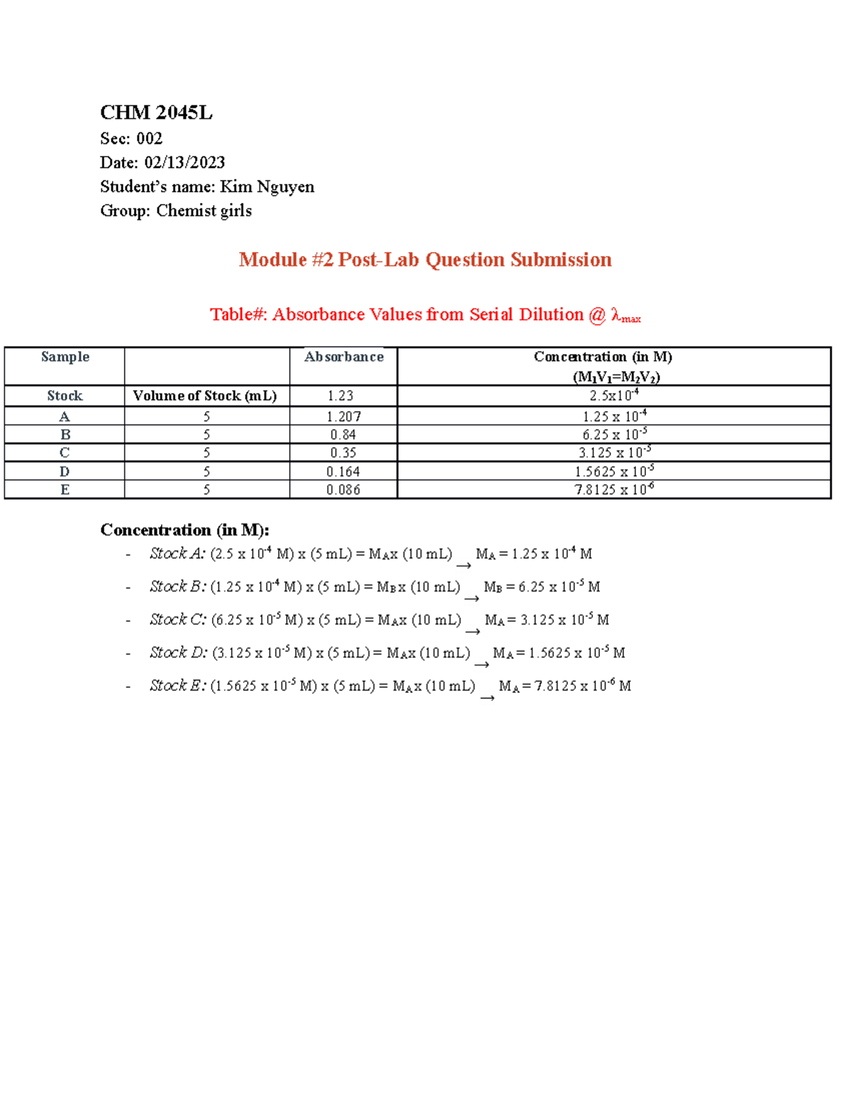 Module 2 PostLab Questions Submission CHM 2045L Sec 002 Date 02