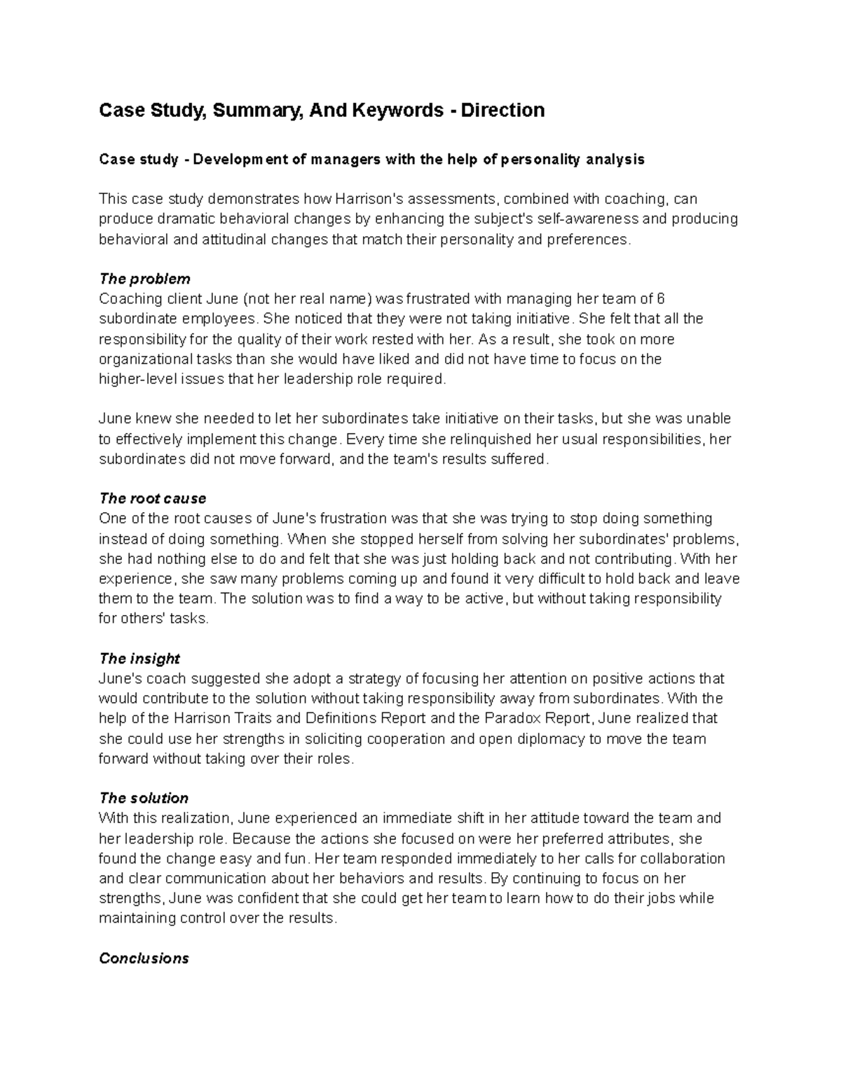 Case study, Summary, and Keywords - Direction - The problem Coaching ...