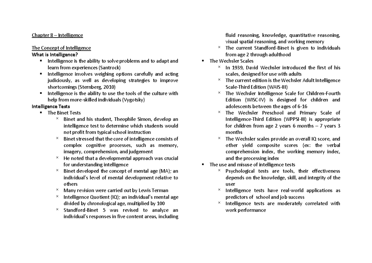Chapter 8 - Intelligence (Santrock, 2014 ) - Warning: TT: undefined  function: 22 Warning: TT: - StuDocu