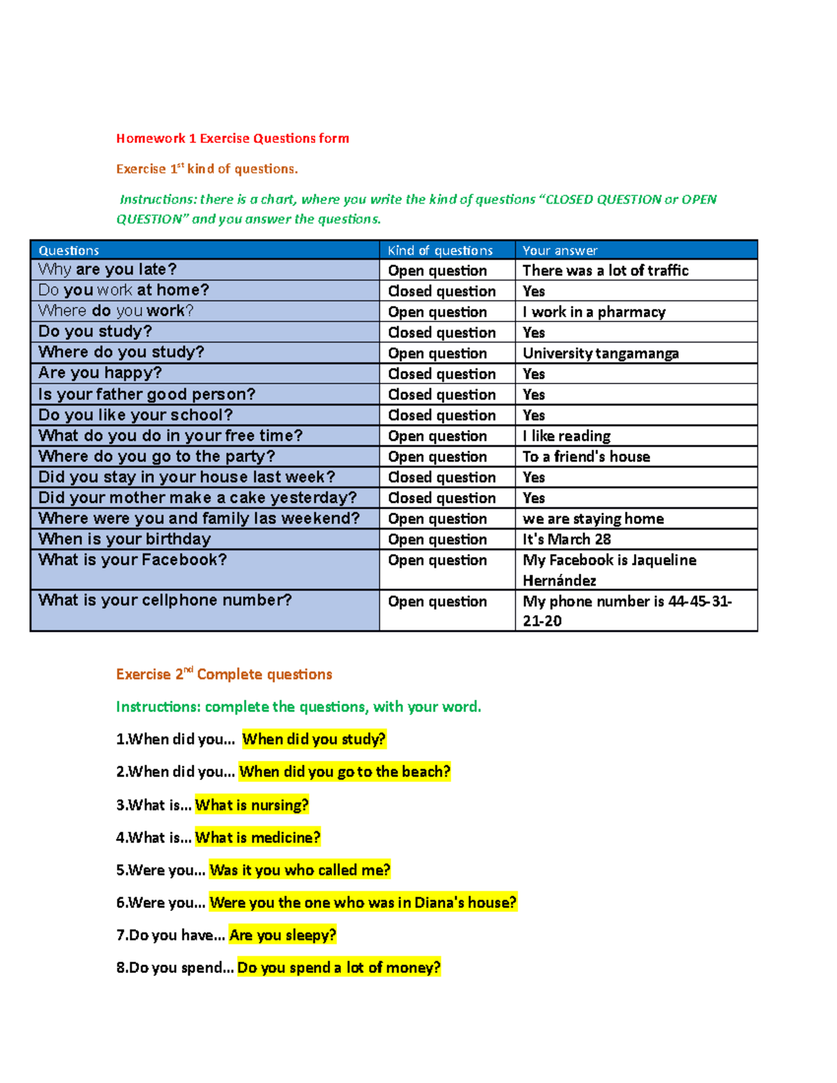 Homework 1 Exercise Questions form - Instructions: there is a chart ...