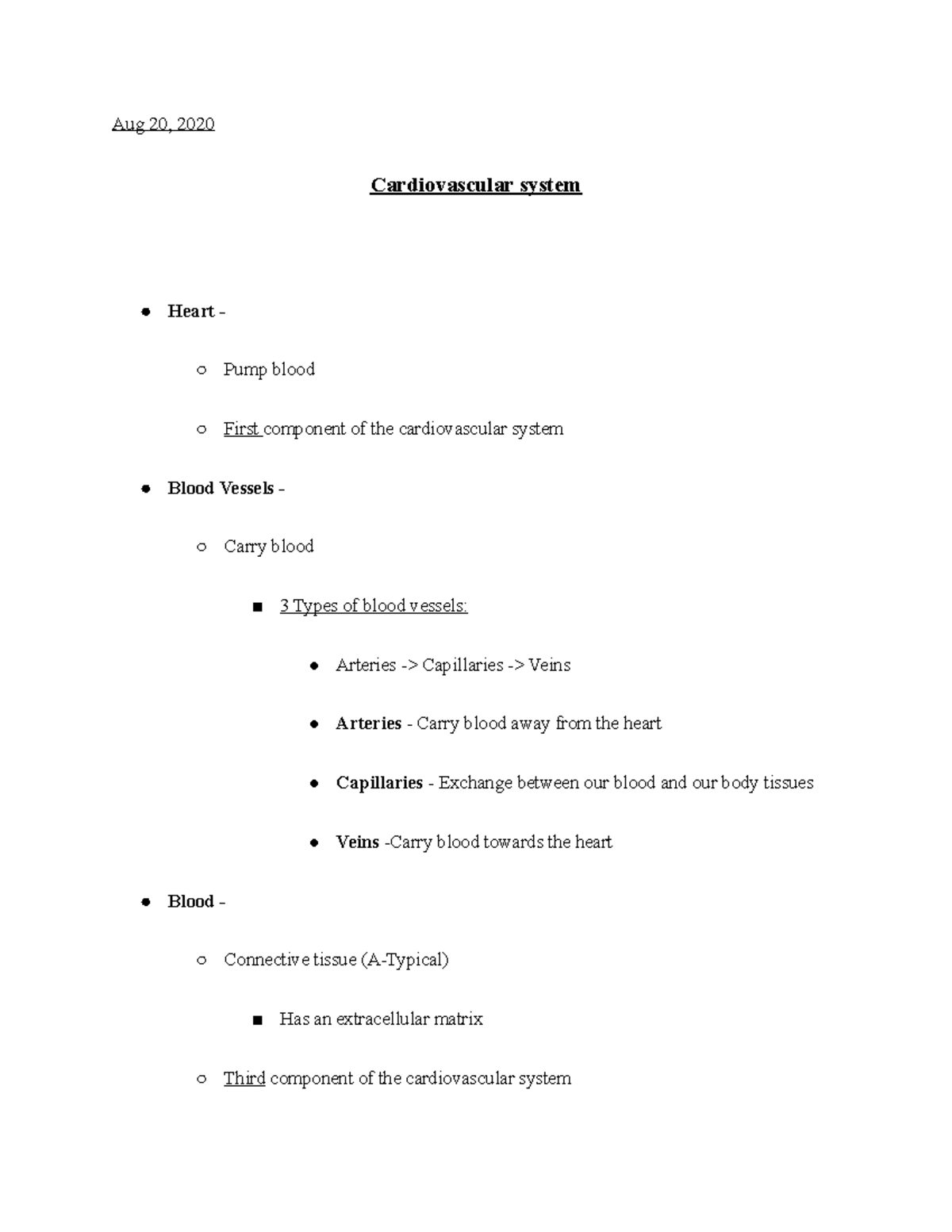 Anatomy & Physiology II Lecture Cardiovascular system - Aug 20, 2020 ...