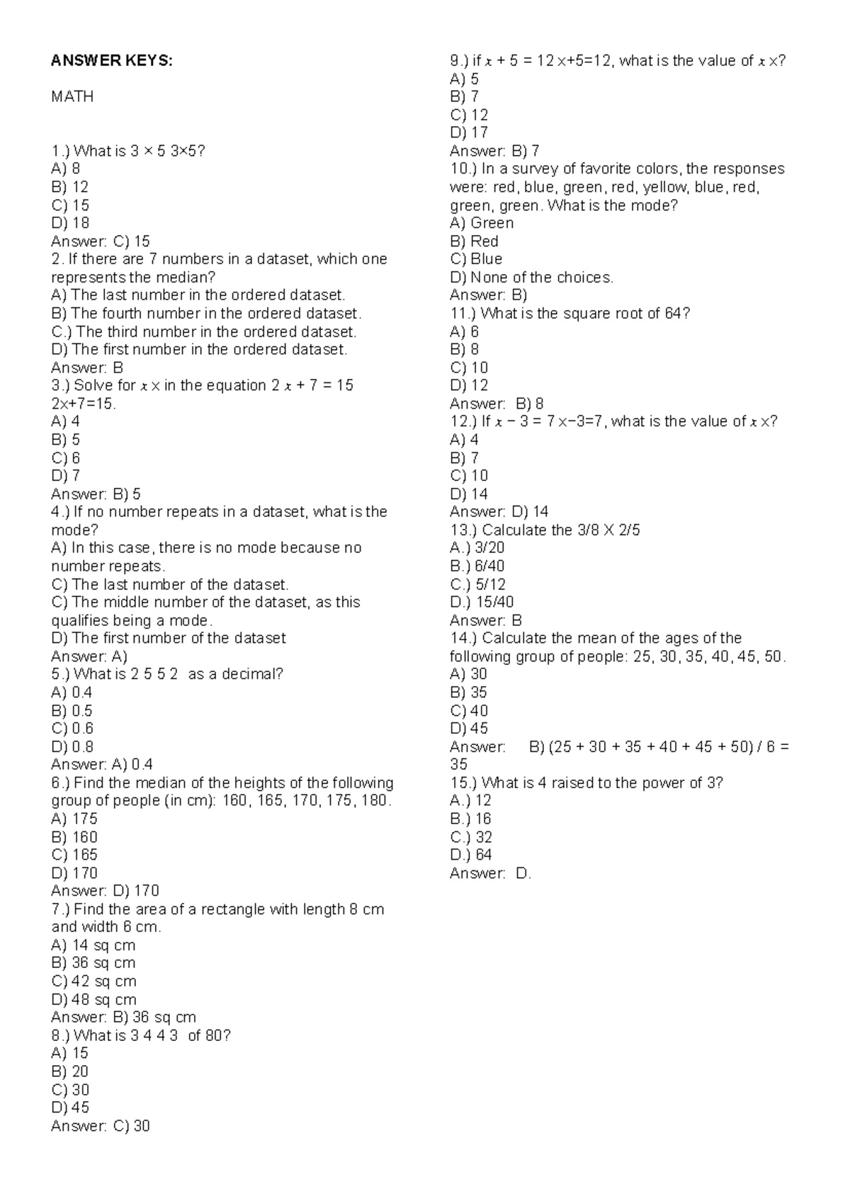 Answer Key MATH AND English - ANSWER KEYS: MATH 1.) What is 3 × 5 3×5 ...