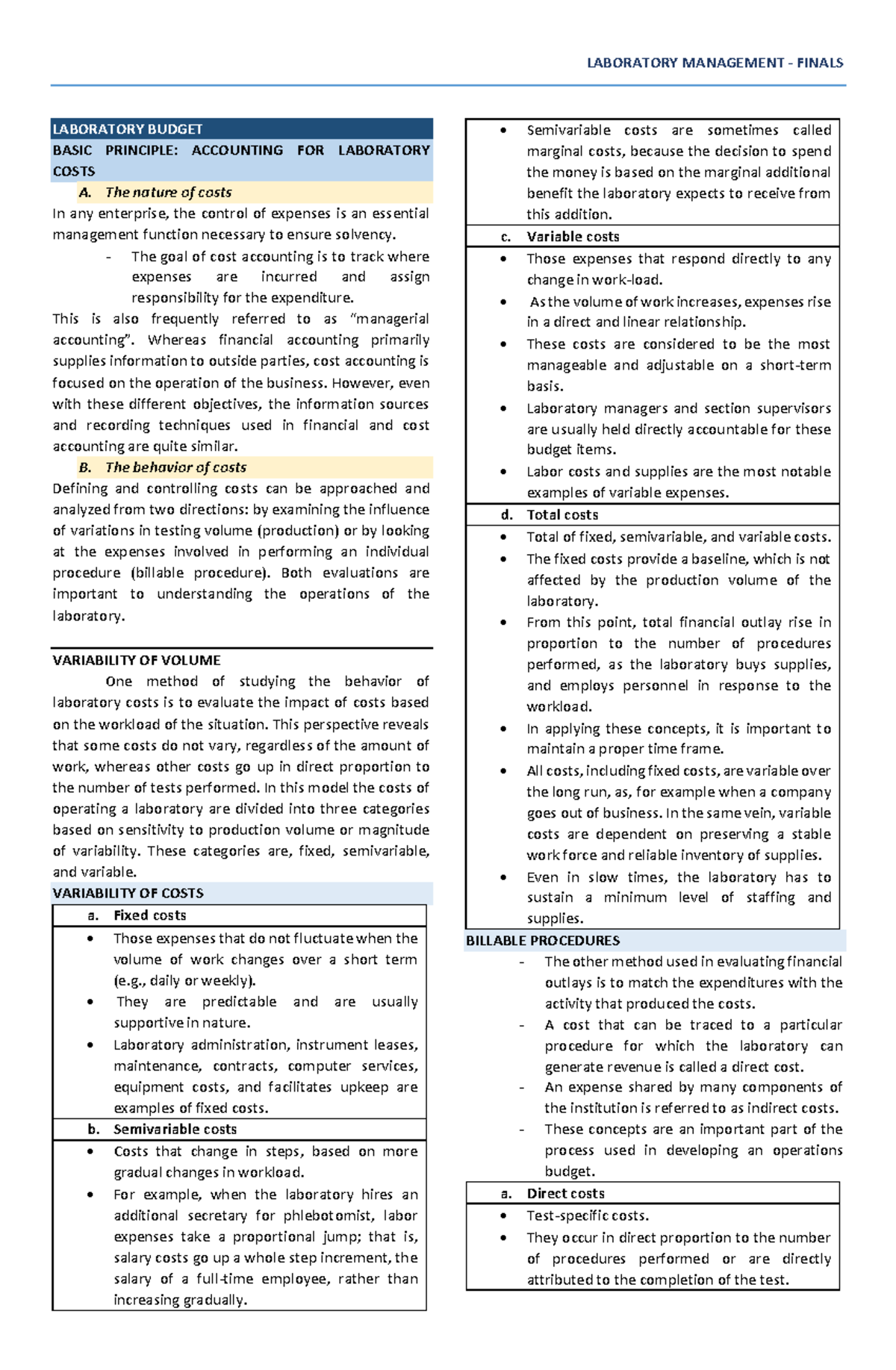 Laboratory Management Medical Laboratory Science Finals