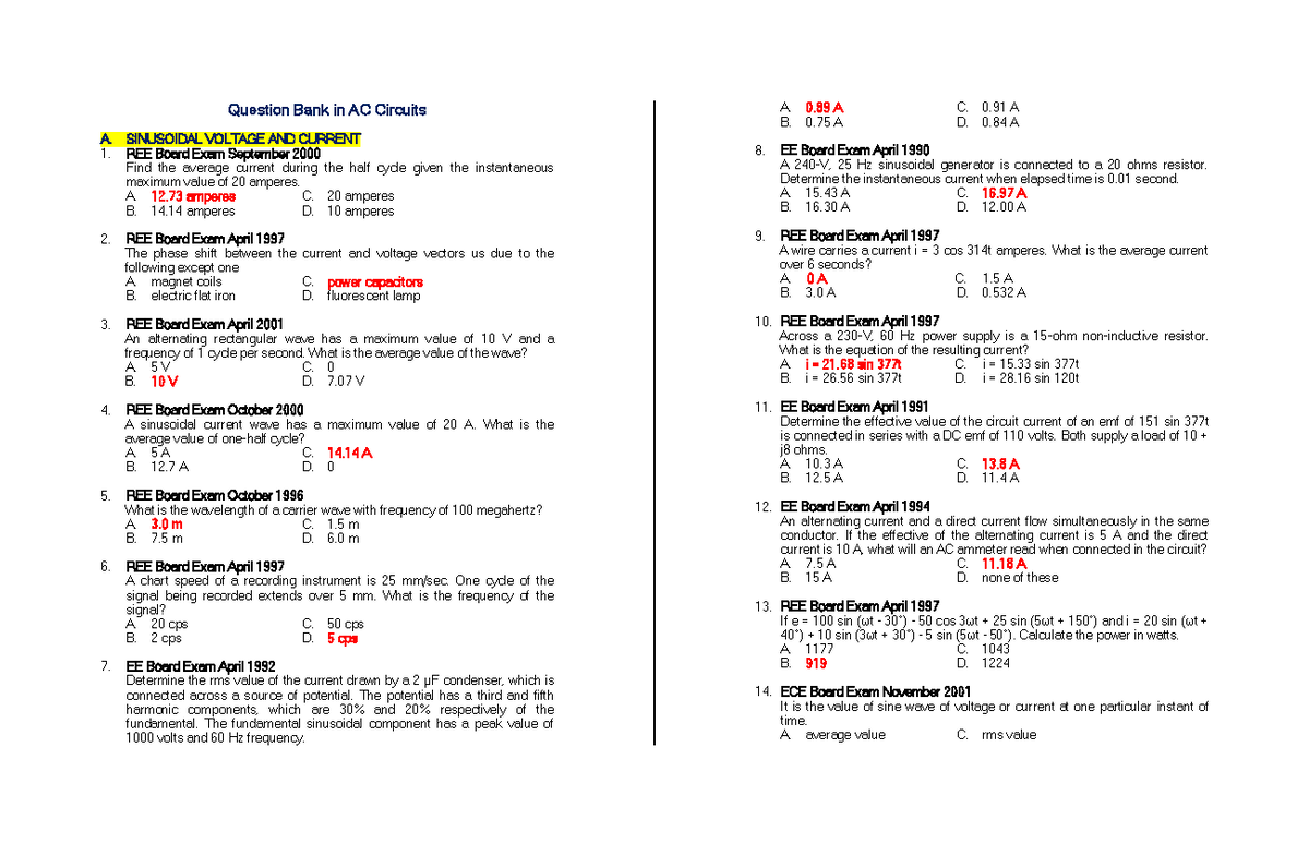 QEUTSIONS BANKs Question Bank in AC Circuits A. SINUSOIDAL VOLTAGE