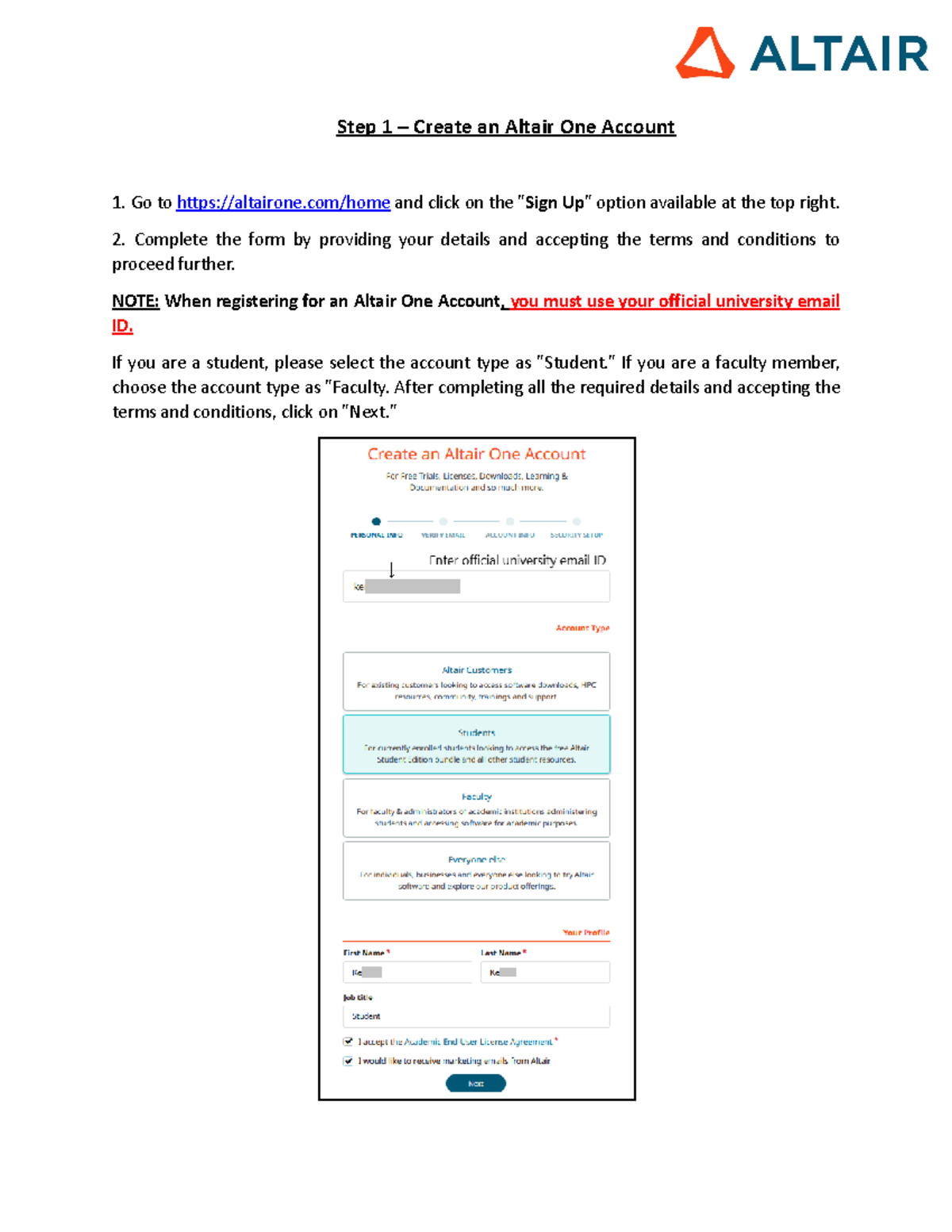 1 All 4 Steps merged - Step 1 – Create an Altair One Account Go to ...