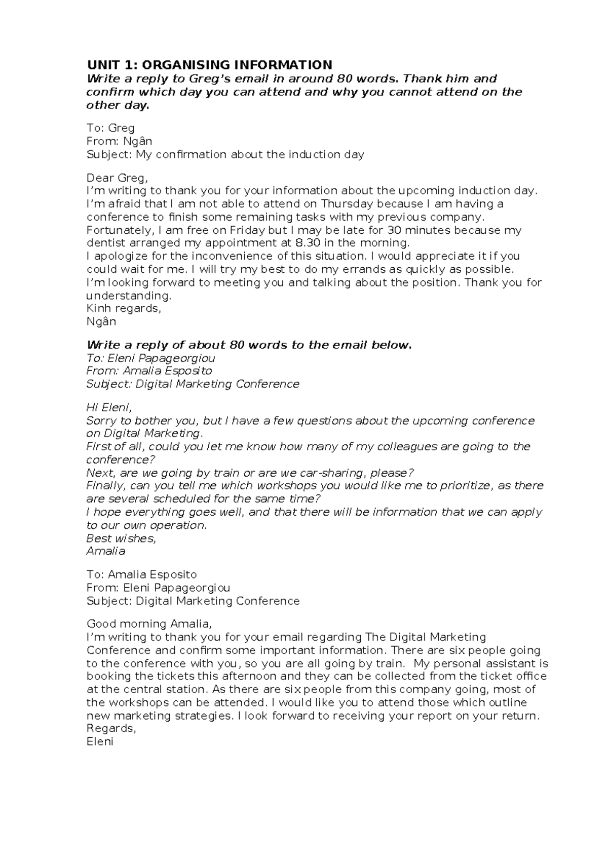 UNIT 1 WRI BP B1+ - WRITING - UNIT 1: ORGANISING INFORMATION Write a ...