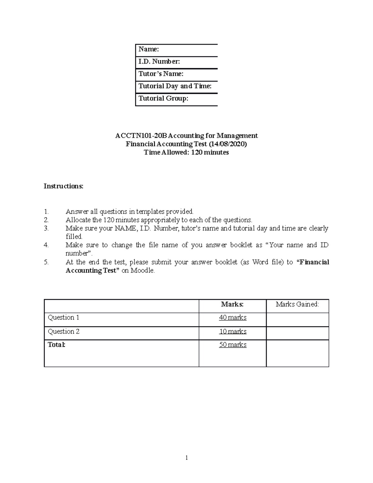 Acctn Test 2 - Financial Accounting Test - Name: I. Number: Tutor’s ...