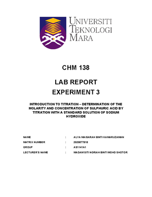 CHM138 LAB Report EXP 1 - BASIC LABORATORY TECHNIQUE - FACULTY OF ...