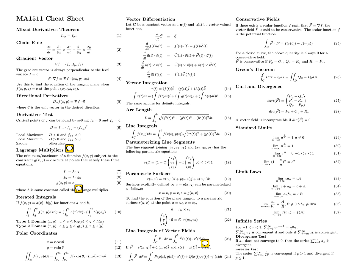 MA1511 Cheat-sheet - Summary Engineering Calculus - Warning: Popup ...