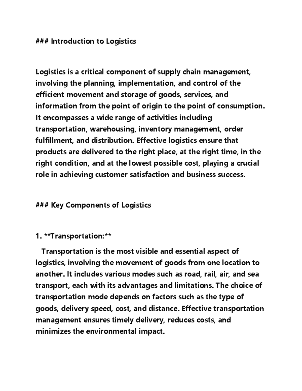 Logestics - Sam Yagan - Introduction to Logistics Logistics is a ...