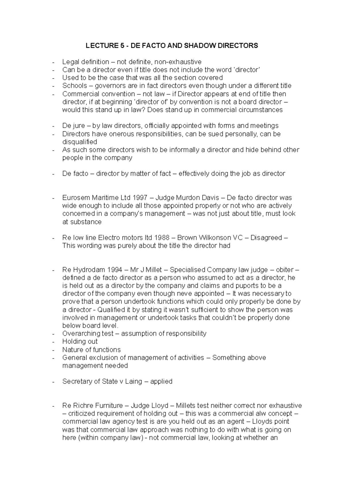 De facto and Shadow director notes LECTURE 5 DE FACTO AND SHADOW