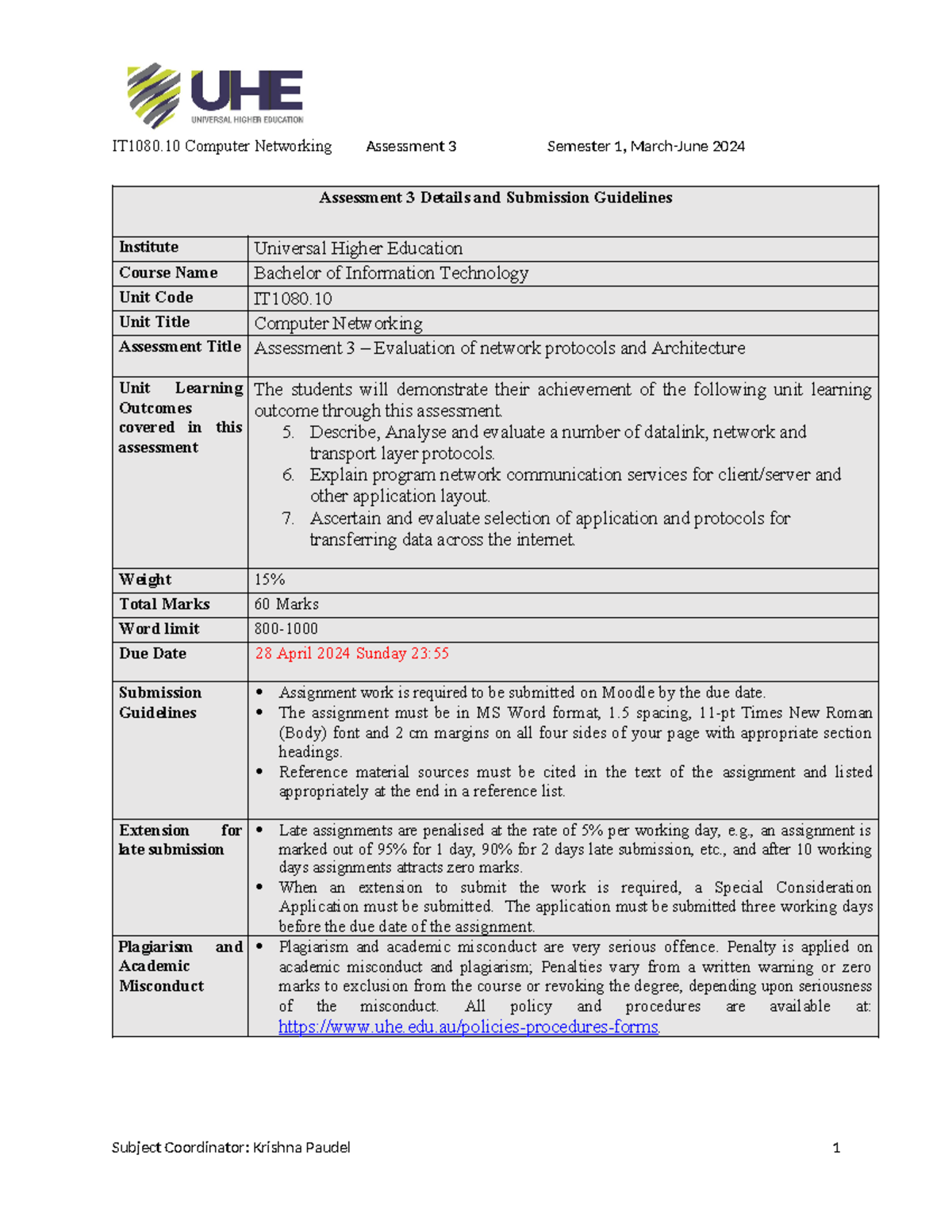 IT1080.10 Assessment 3 T1 2024 v2 - IT1080 Computer Networking ...
