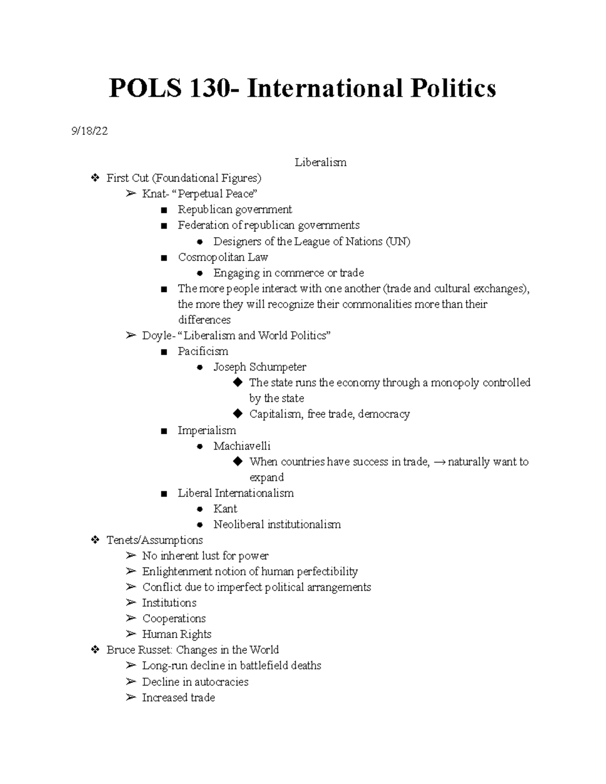 POLS 130- International Politics Notes - POLS 130- International ...
