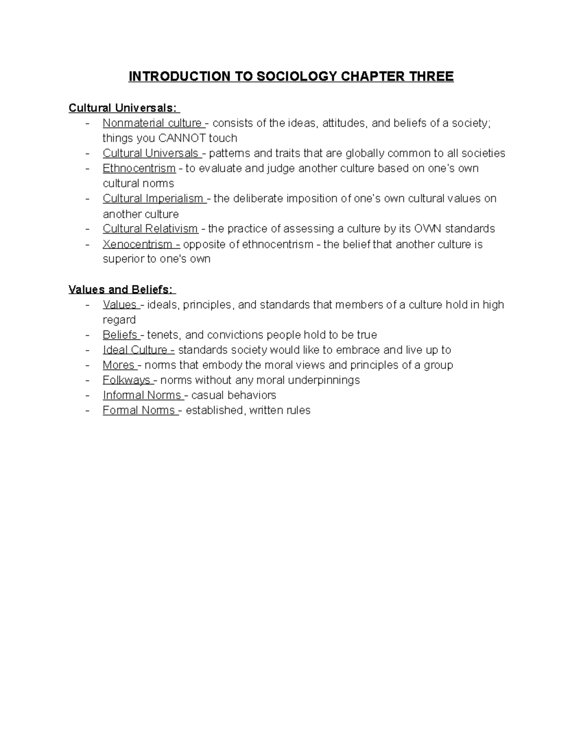 Soci Ch 3 4 Notes INTRODUCTION TO SOCIOLOGY CHAPTER THREE Cultural