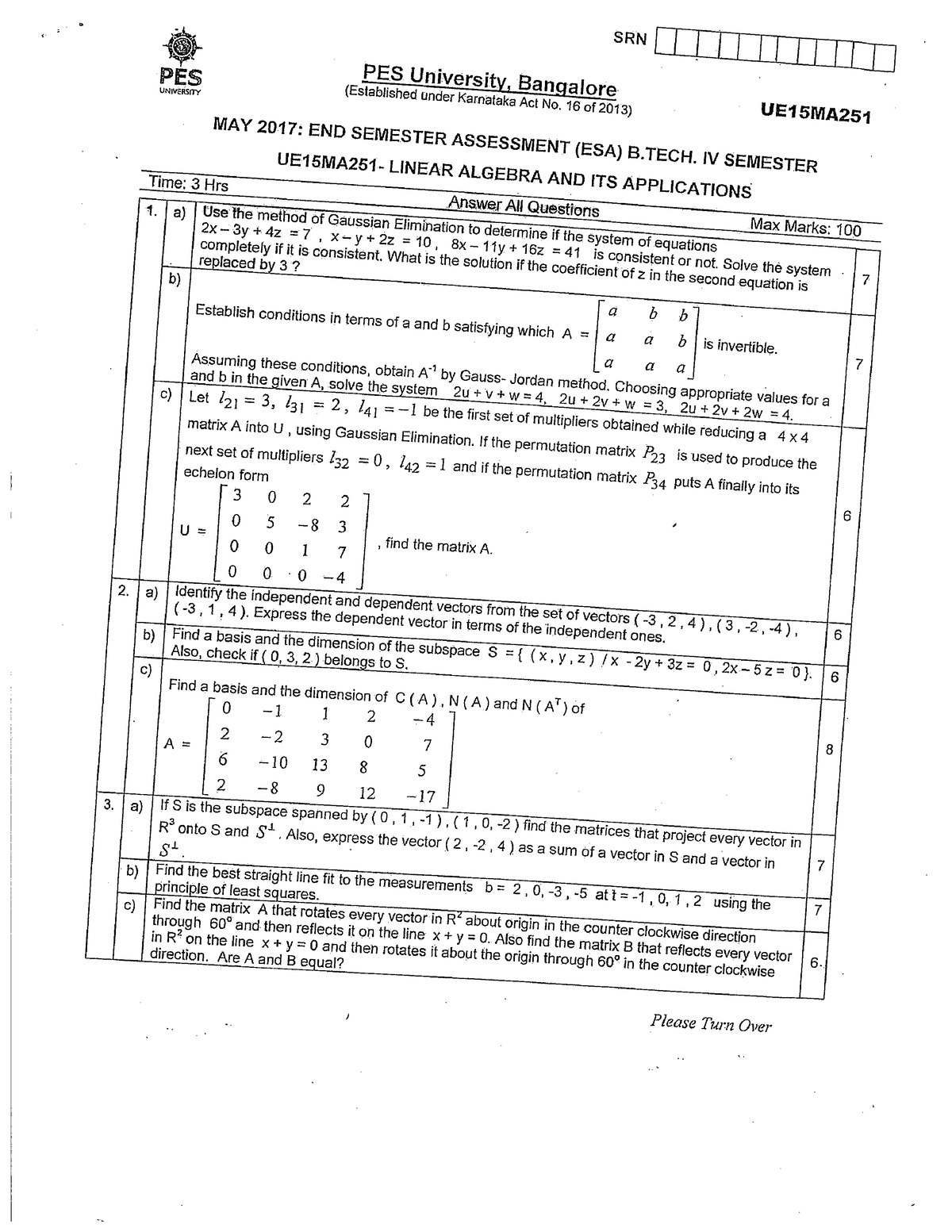 Question Paper PYQ - Linear Algebra - Studocu