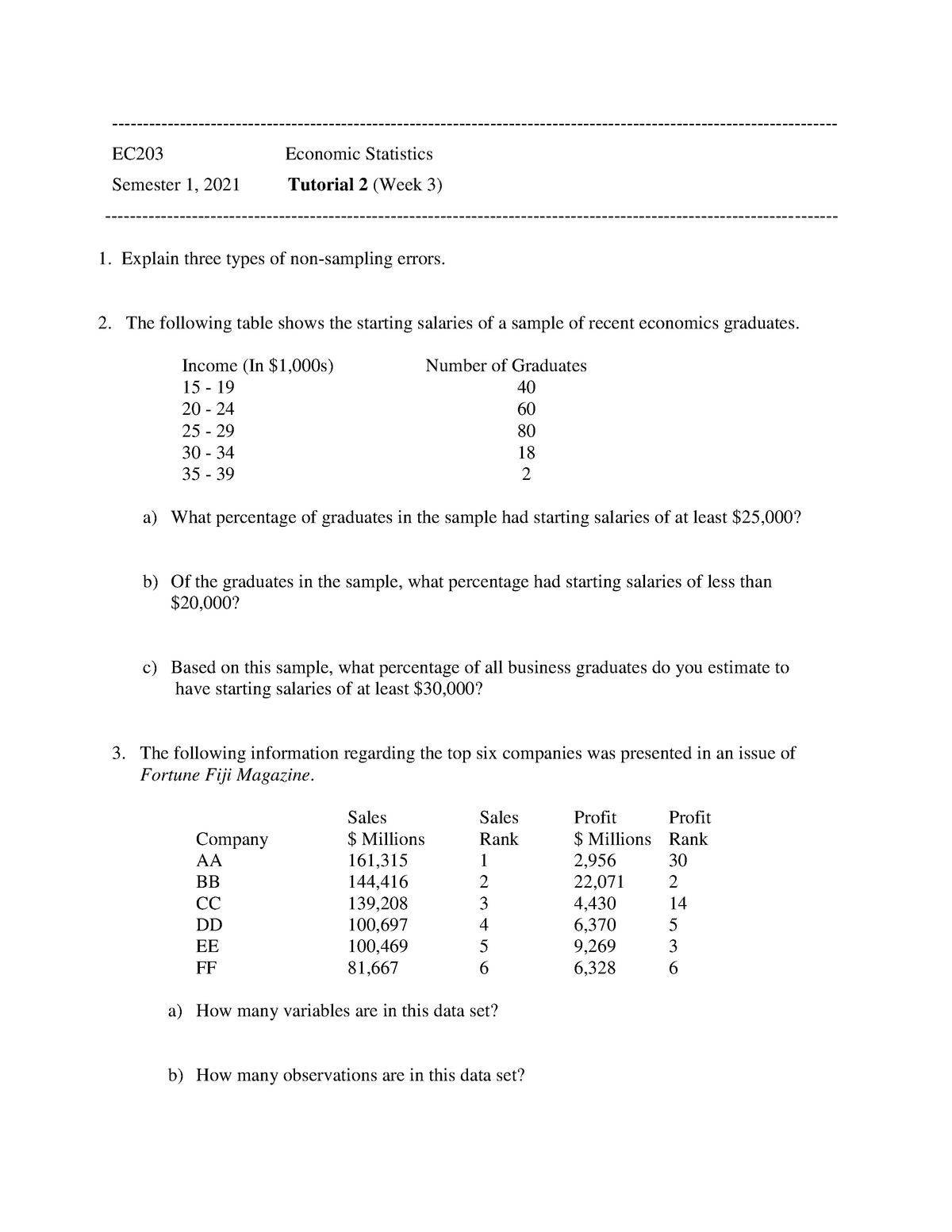 Tutorial 2 - EC203 Economic Statistics Semester 1, 2021 Tutorial 2 ...