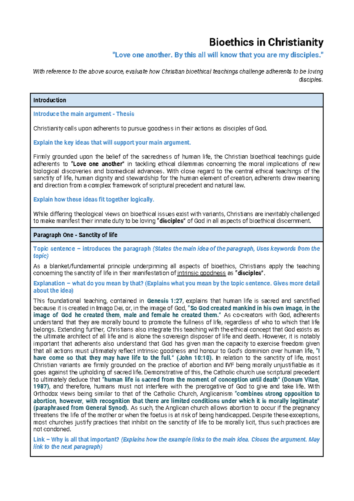 Bioethics - TEEL Essay - notes - Bioethics in Christianity 