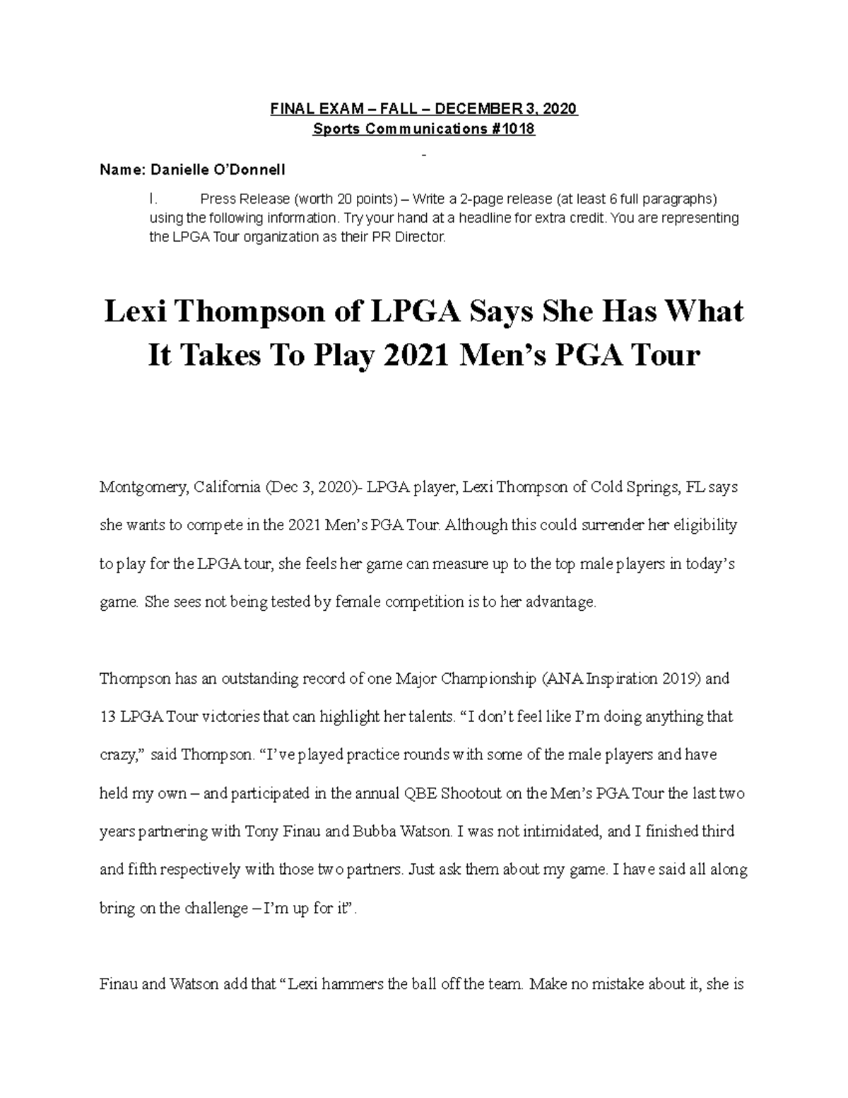 Sports Comm Final FINAL EXAM FALL DECEMBER 3, 2020 Sports